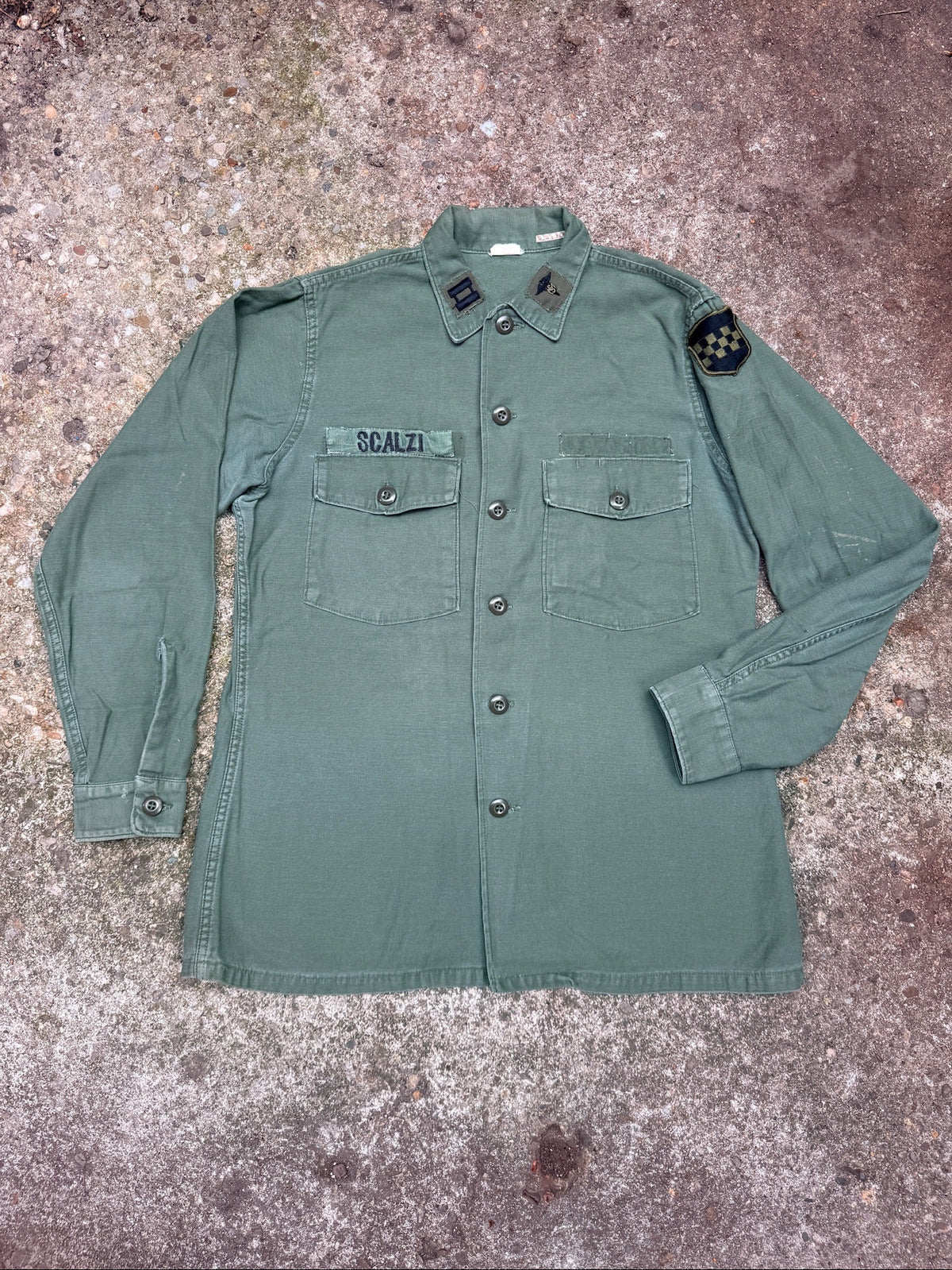 Vintage 1960's Green Military Sateen G-107 "Scalzi" Medic Button Down Shirt