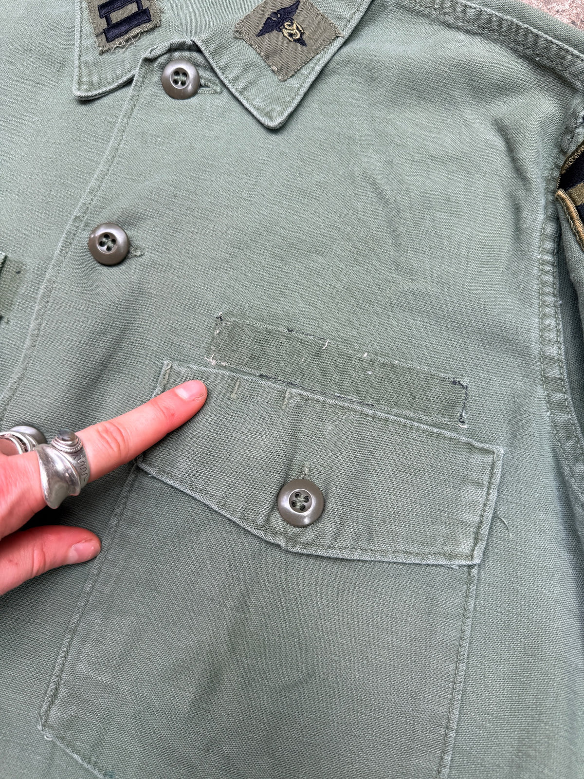 Vintage 1960's Green Military Sateen G-107 "Scalzi" Medic Button Down Shirt