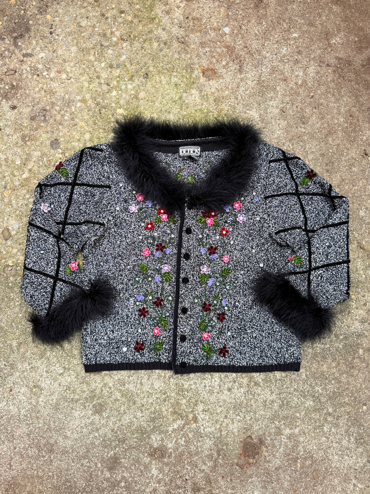 Vintage Berek Black Feather Trim Floral Sequin Jacket