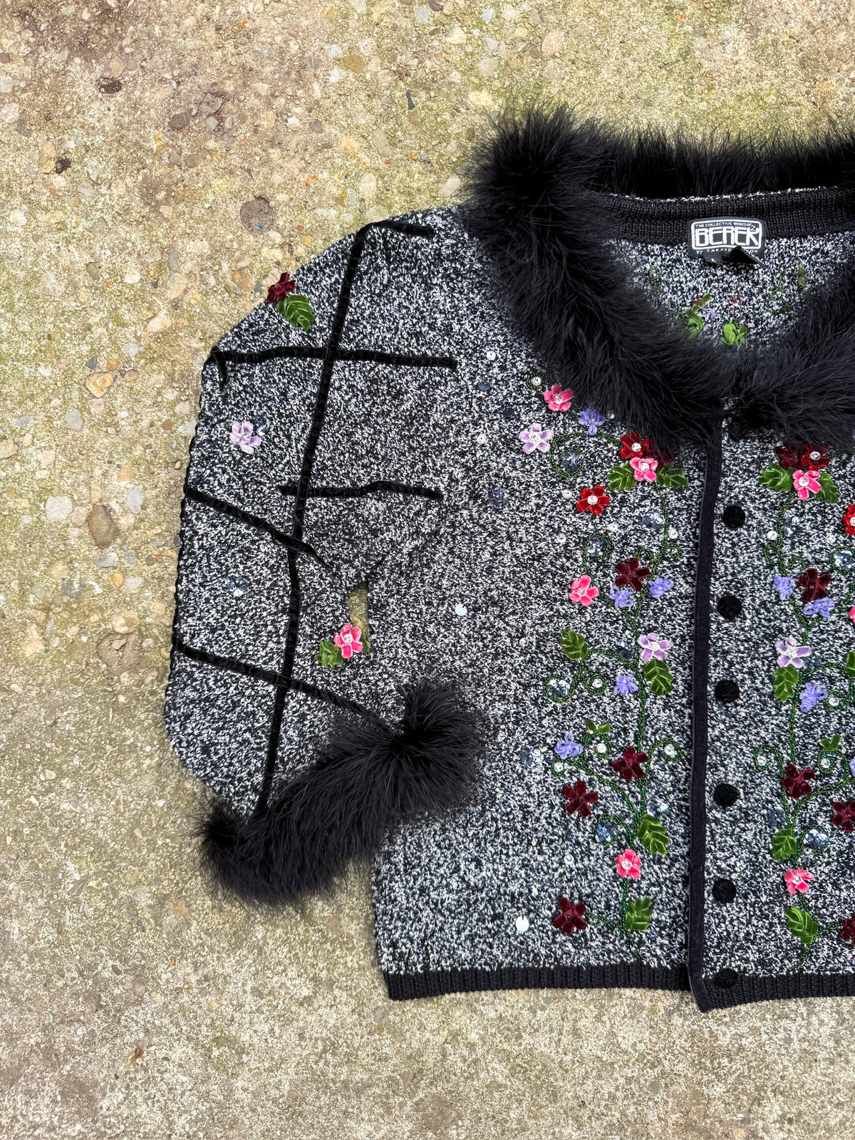 Vintage Berek Black Feather Trim Floral Sequin Jacket
