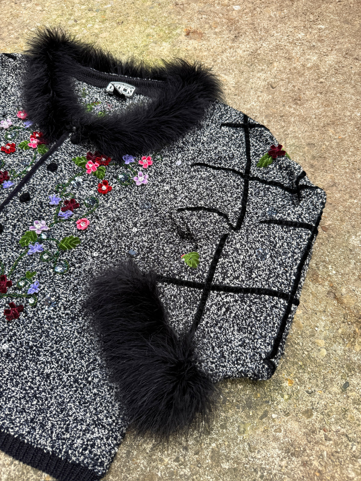 Vintage Berek Black Feather Trim Floral Sequin Jacket