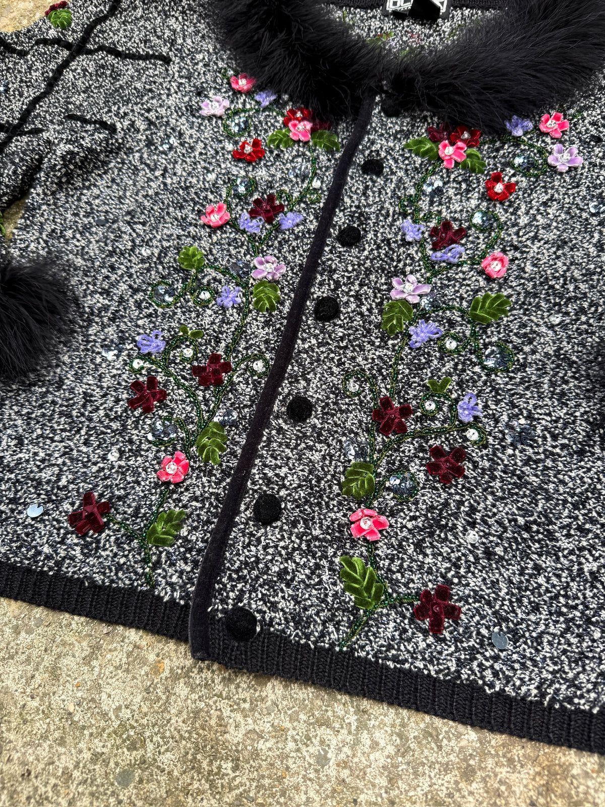 Vintage Berek Black Feather Trim Floral Sequin Jacket