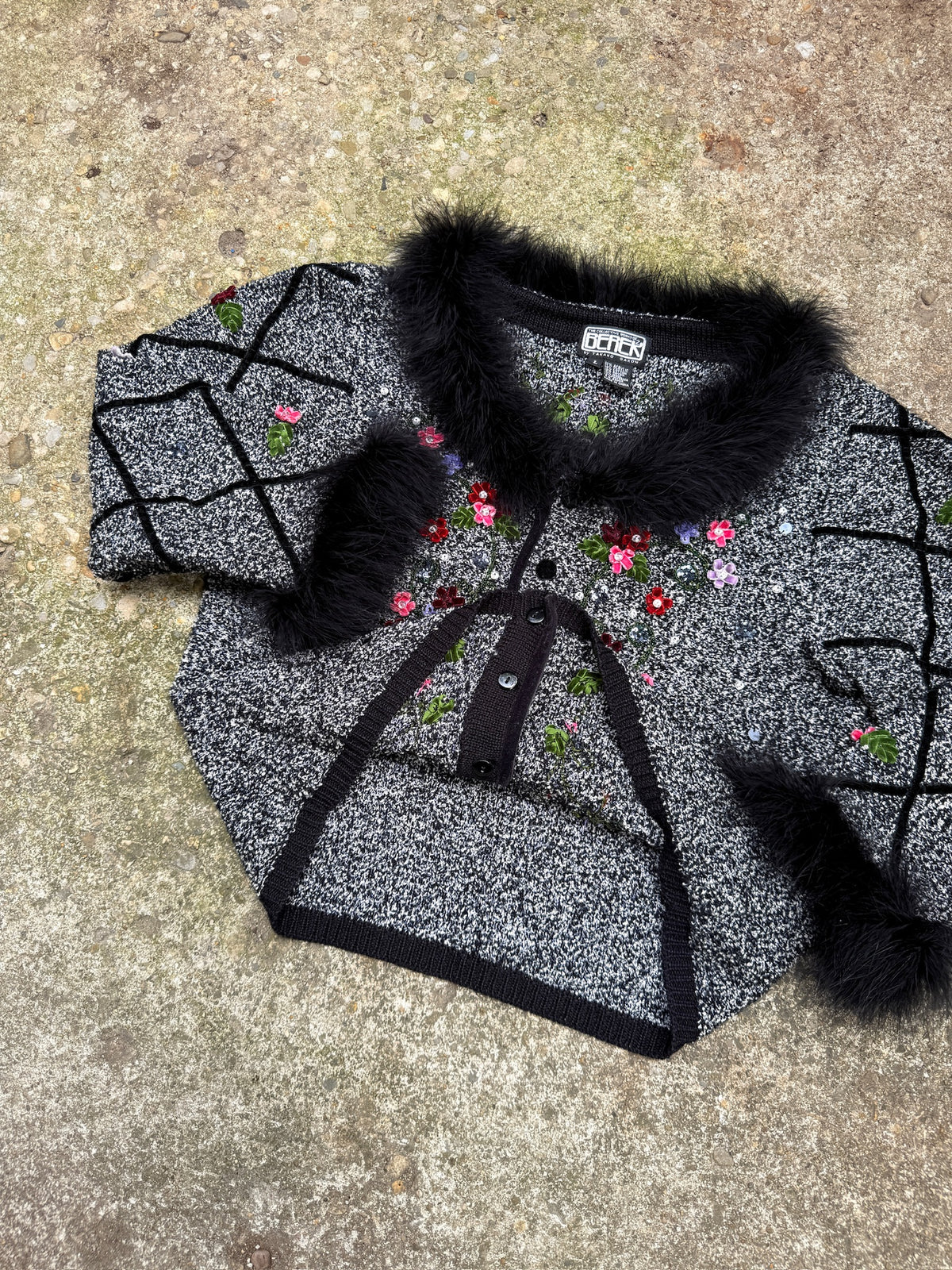 Vintage Berek Black Feather Trim Floral Sequin Jacket