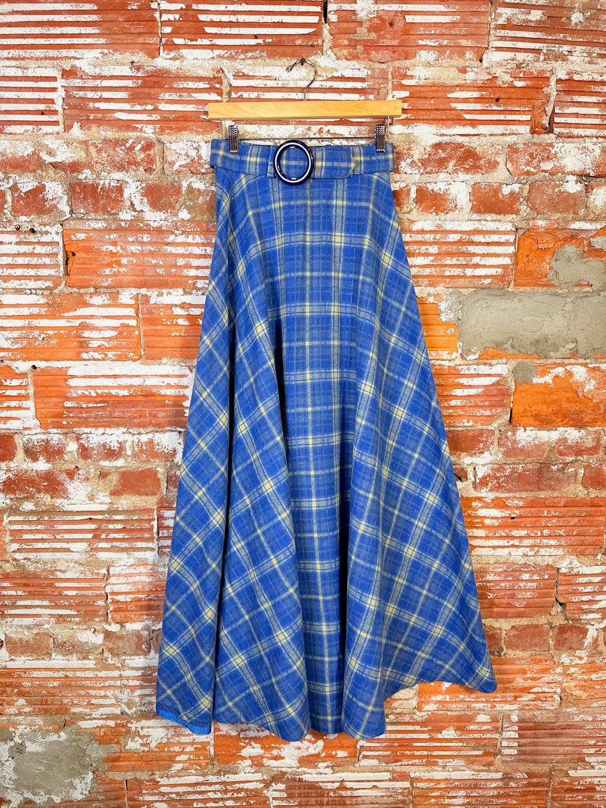 Vintage 1960's/70's Blue Plaid Wool Maxi Circle Skirt