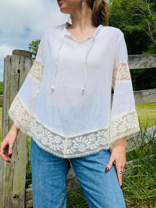 60's Cream Lace Trim Blouse
