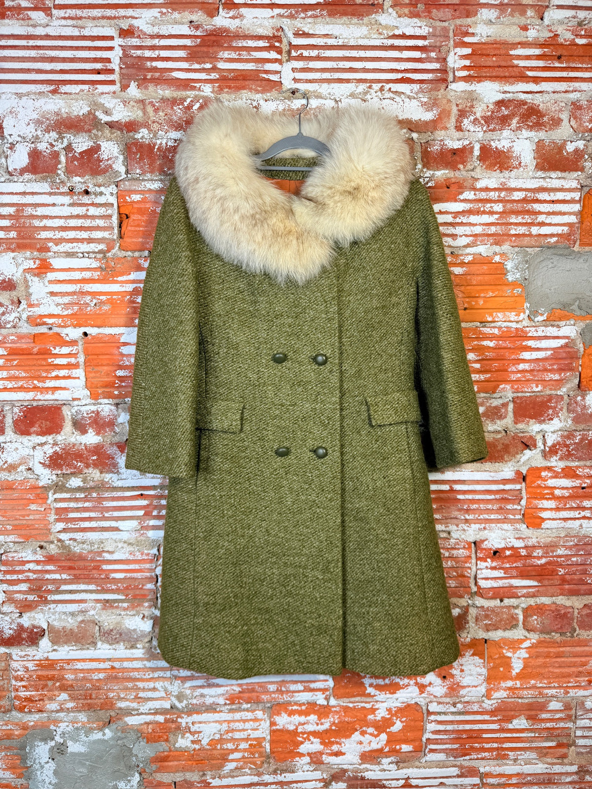 Vintage Green Speckled Wool & White Fox Fur Trim Coat