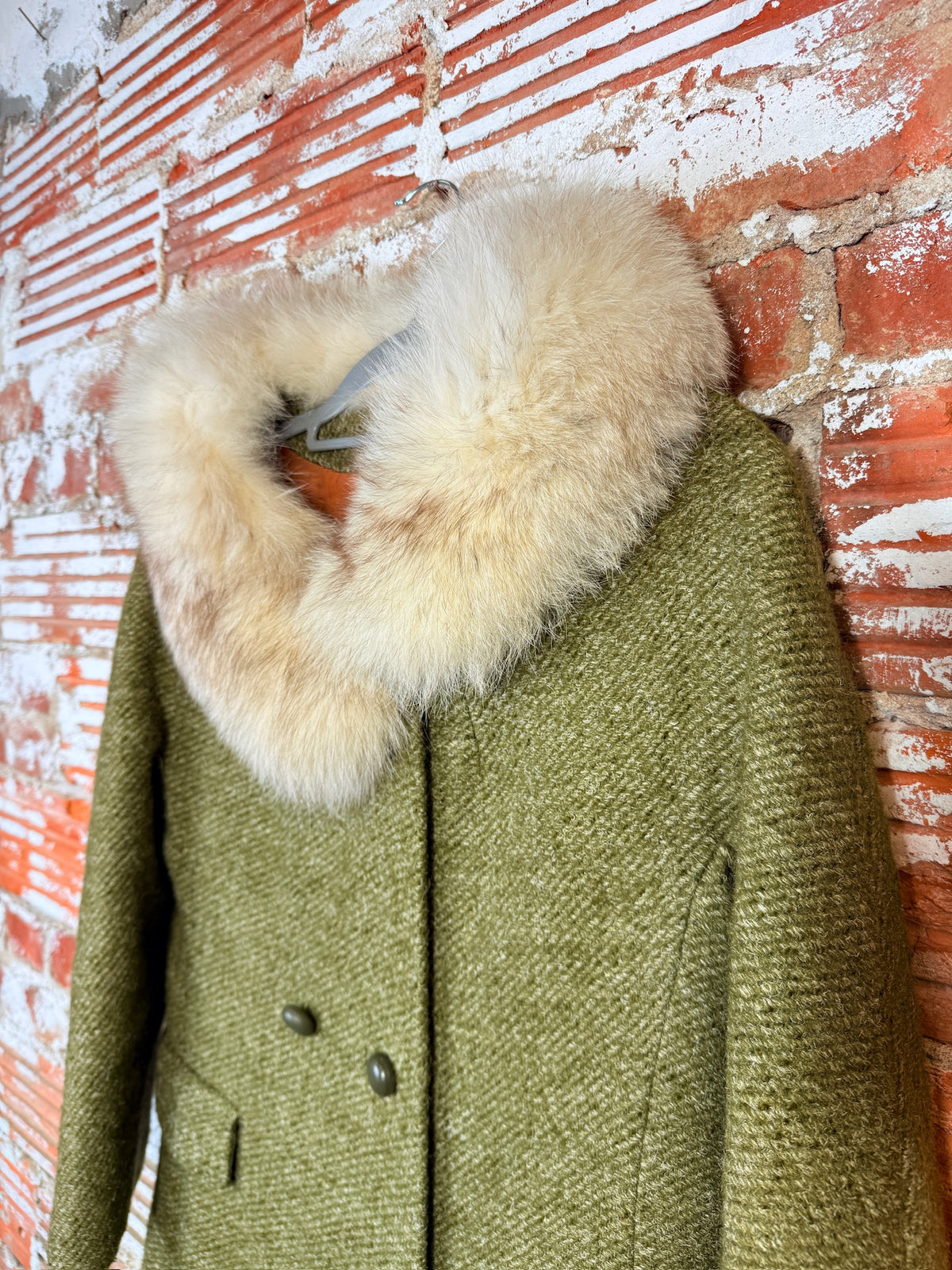 Vintage Green Speckled Wool & White Fox Fur Trim Coat