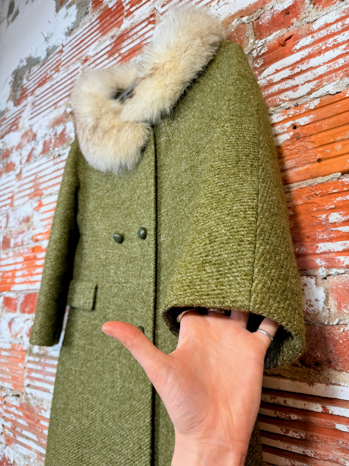 Vintage Green Speckled Wool & White Fox Fur Trim Coat
