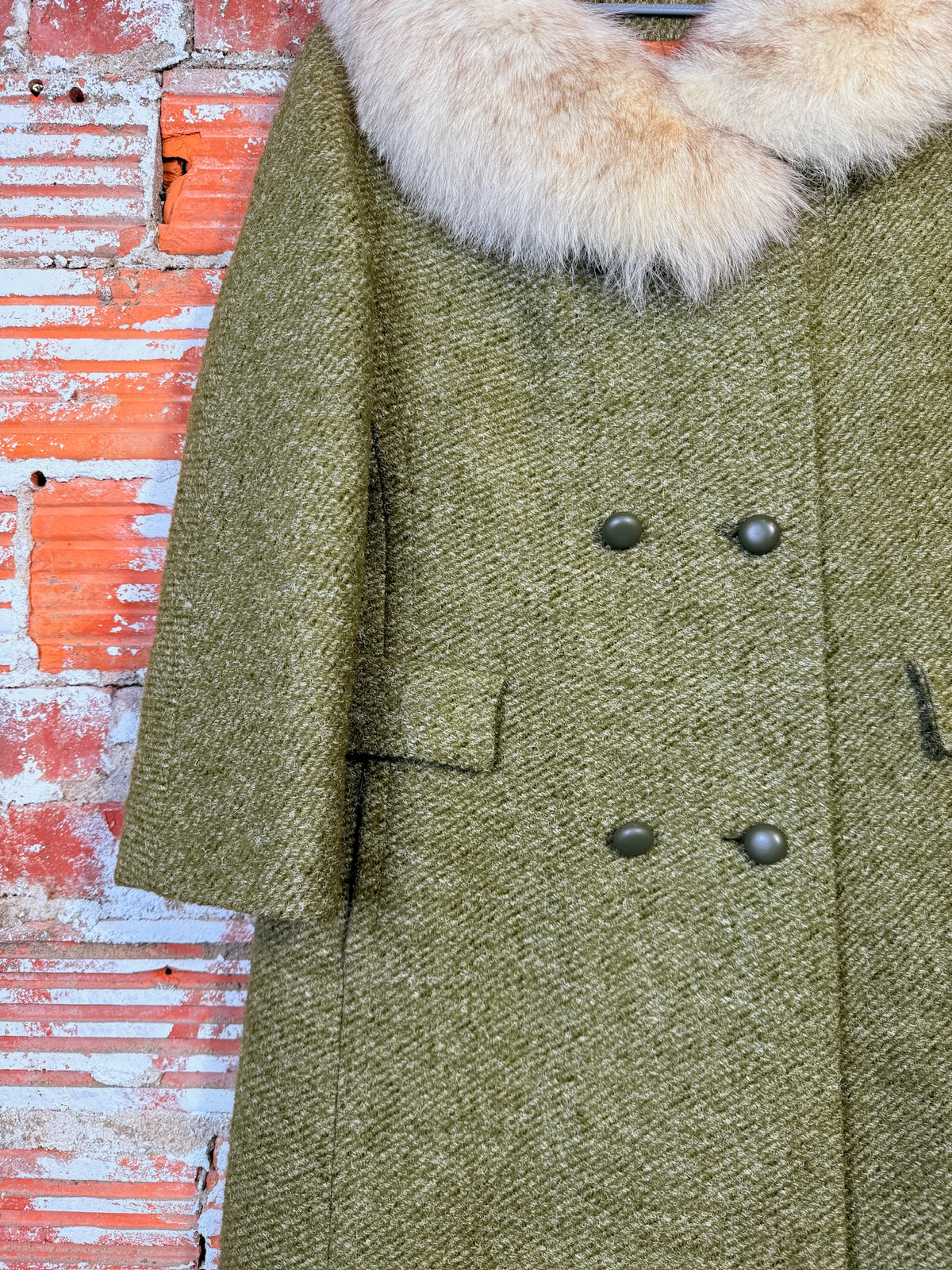 Vintage Green Speckled Wool & White Fox Fur Trim Coat