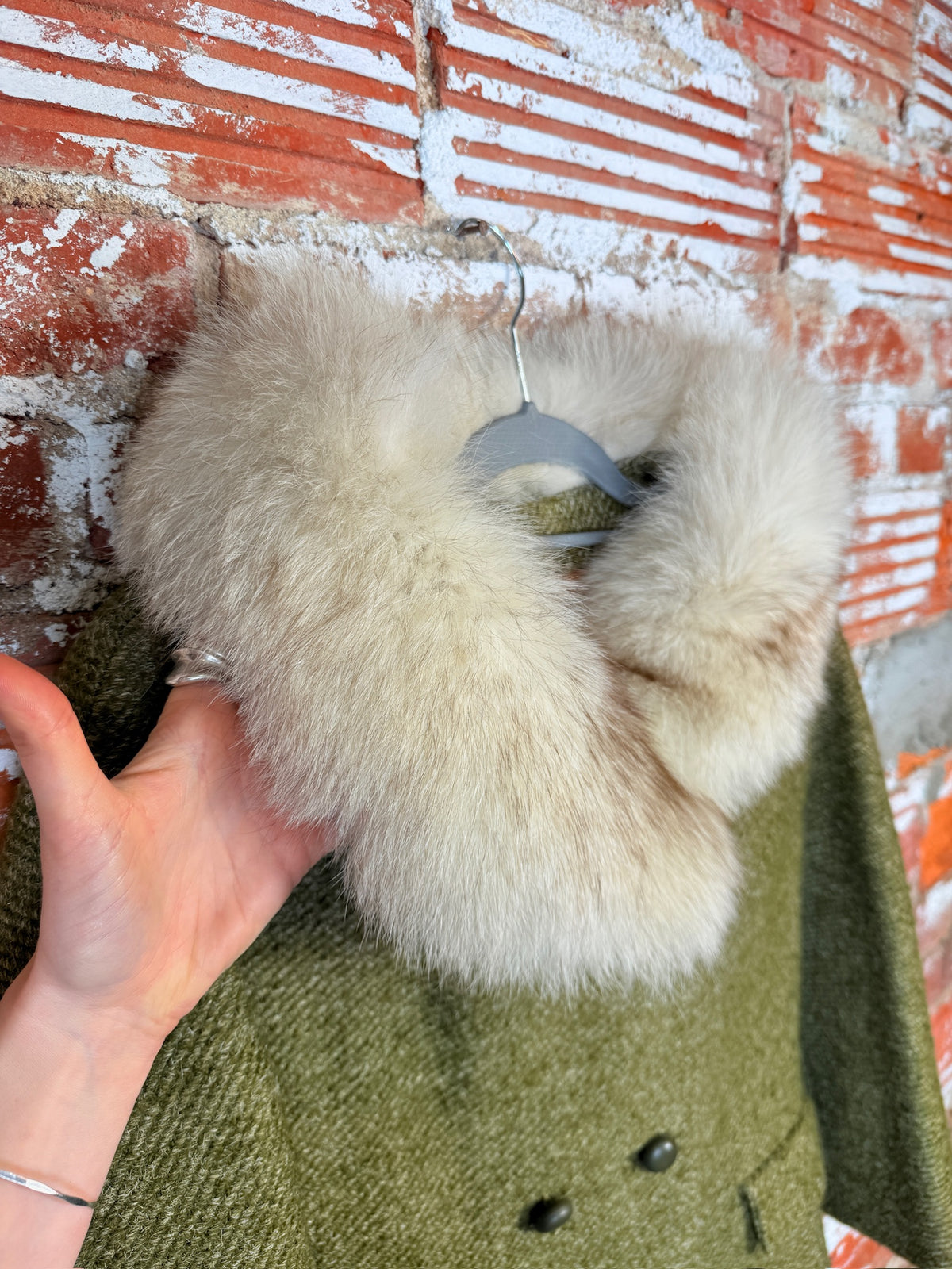 Vintage Green Speckled Wool & White Fox Fur Trim Coat