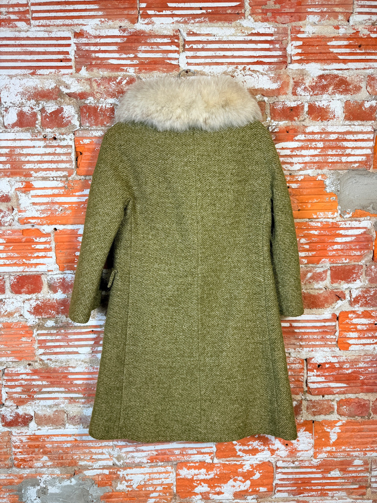 Vintage Green Speckled Wool & White Fox Fur Trim Coat
