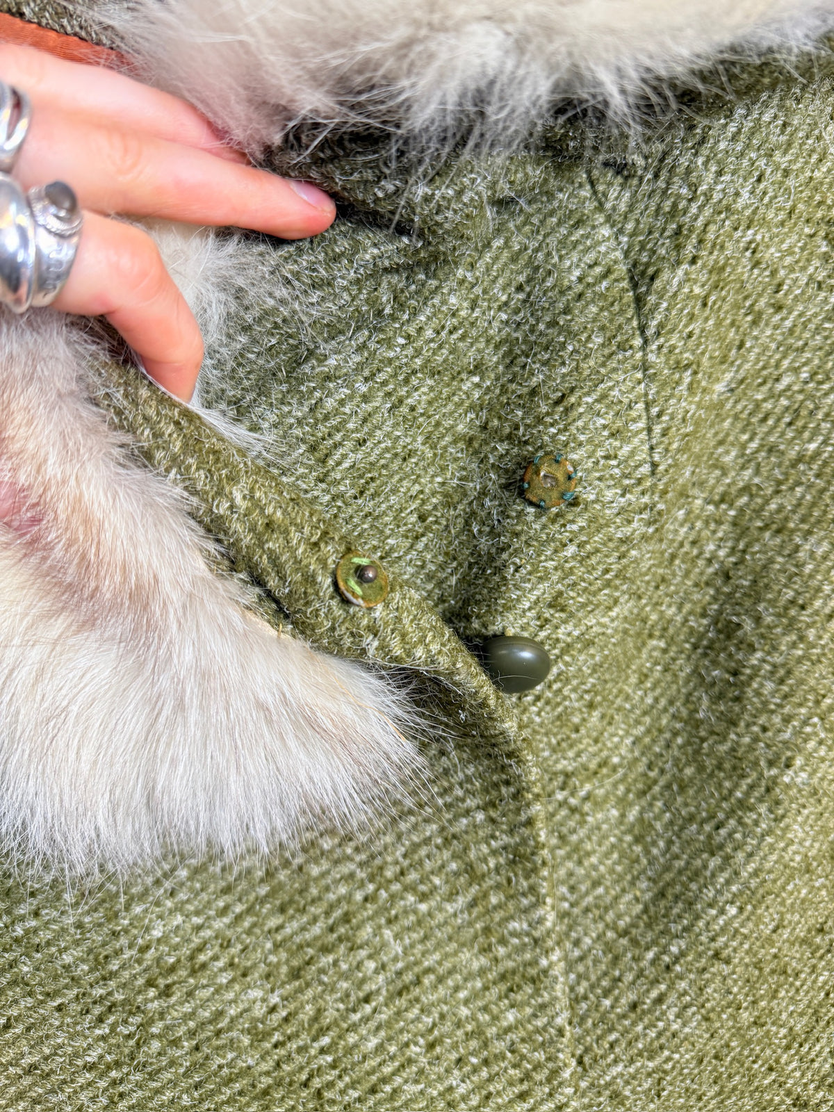 Vintage Green Speckled Wool & White Fox Fur Trim Coat