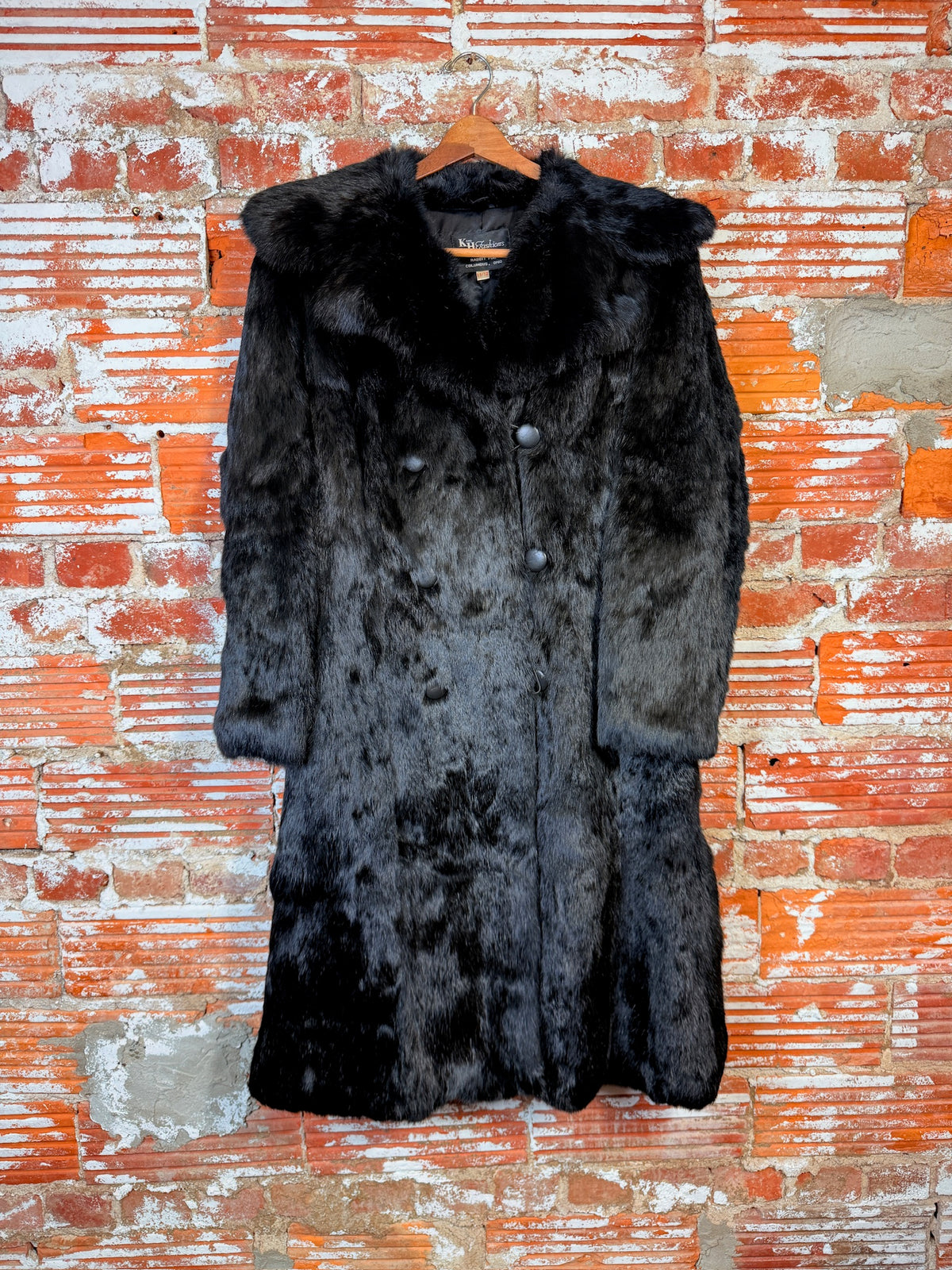 Vintage 1970's Black Genuine Rabbit Fur Wide Collar Double Breasted Coat