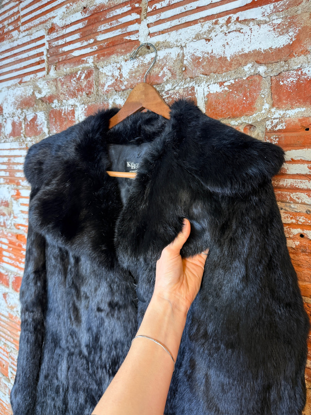 Vintage 1970's Black Genuine Rabbit Fur Wide Collar Double Breasted Coat