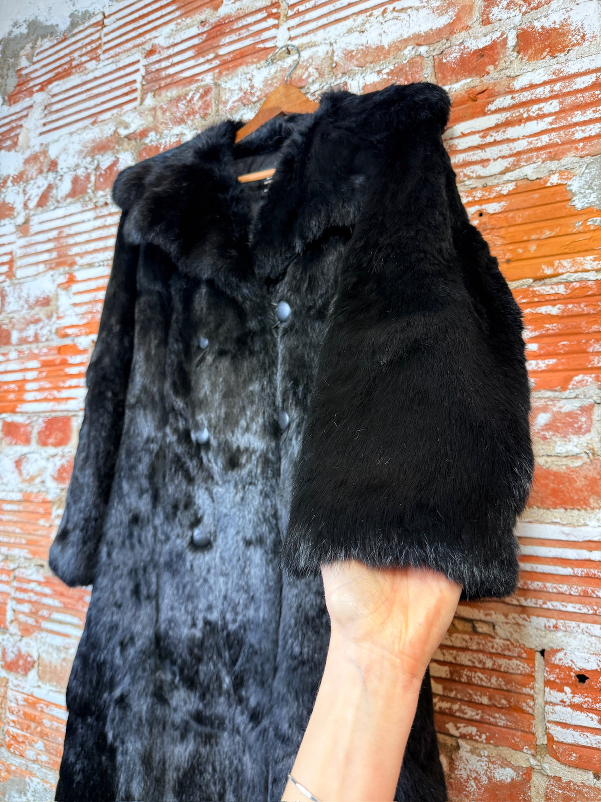 Vintage 1970's Black Genuine Rabbit Fur Wide Collar Double Breasted Coat