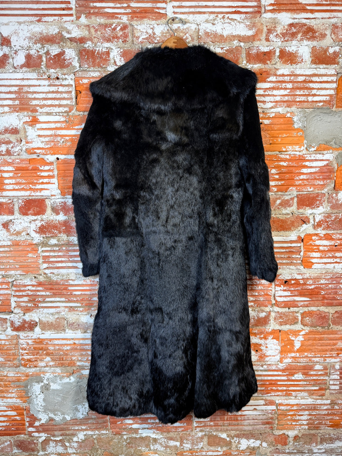 Vintage 1970's Black Genuine Rabbit Fur Wide Collar Double Breasted Coat