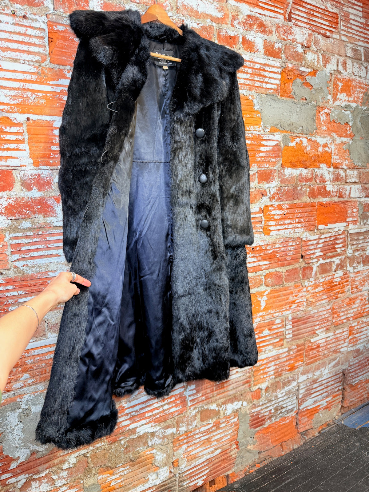 Vintage 1970's Black Genuine Rabbit Fur Wide Collar Double Breasted Coat