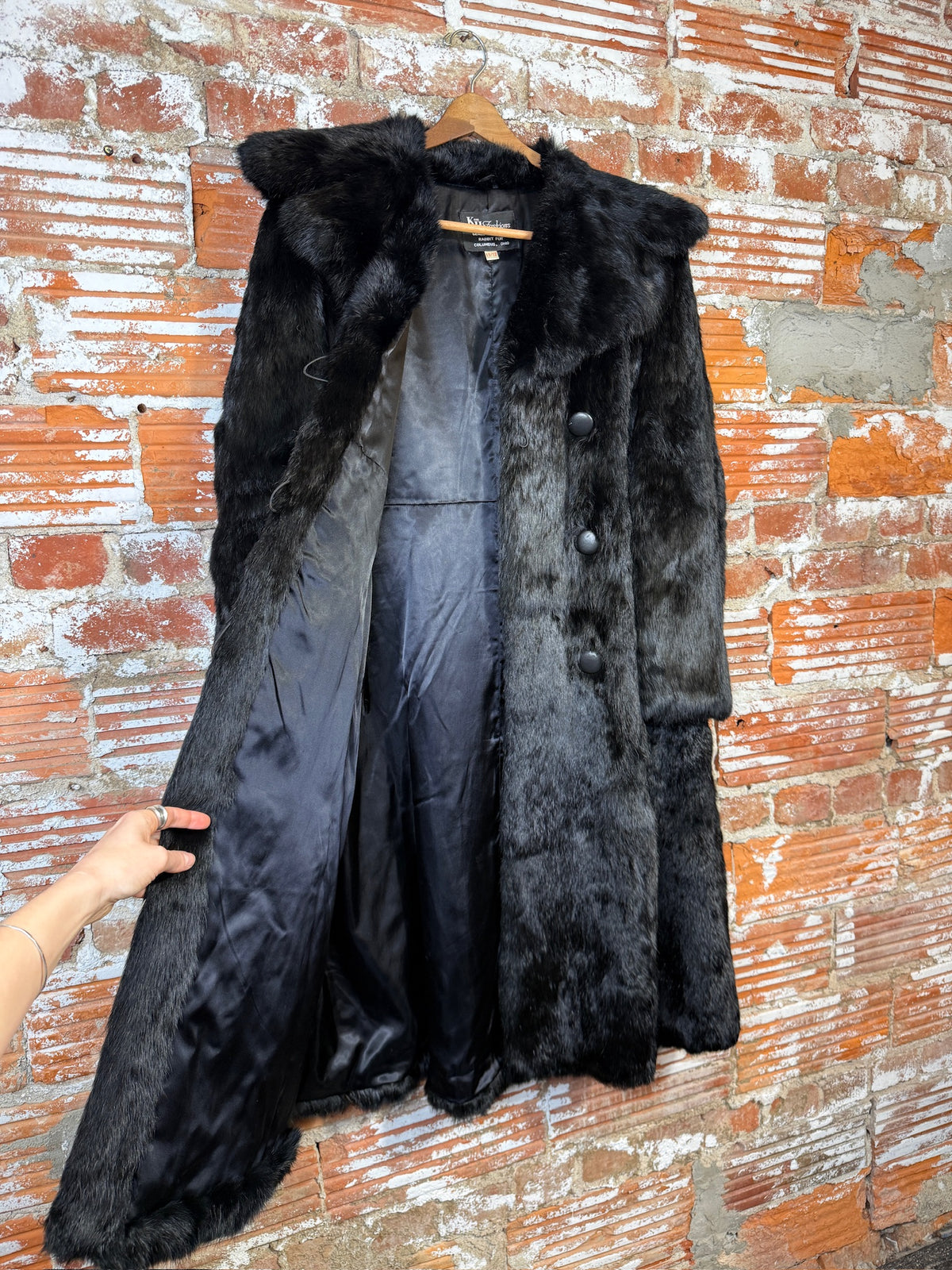Vintage 1970's Black Genuine Rabbit Fur Wide Collar Double Breasted Coat