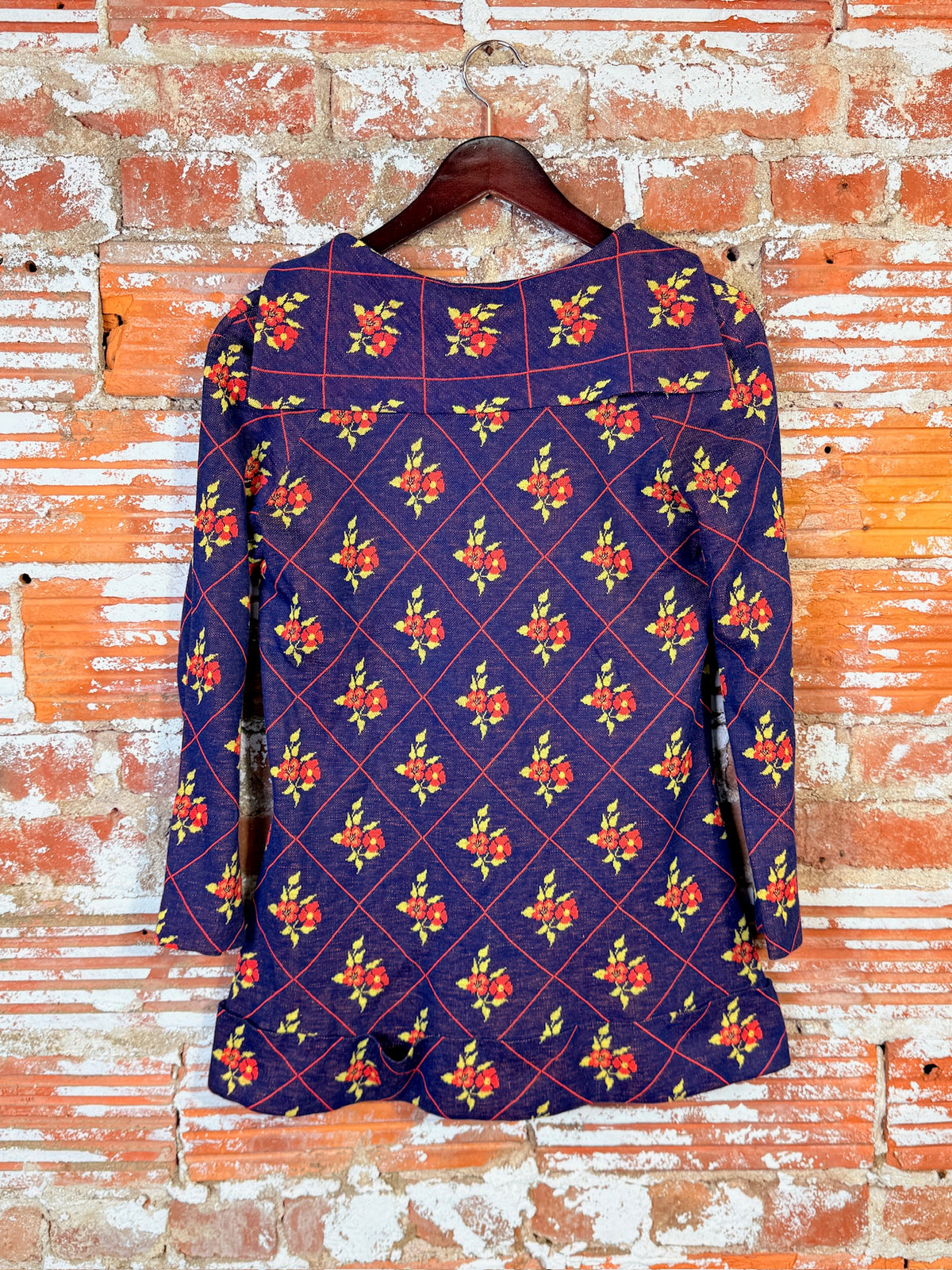 Vintage 1960's Navy Blue & Red Floral Pattern Micro Mini Dress