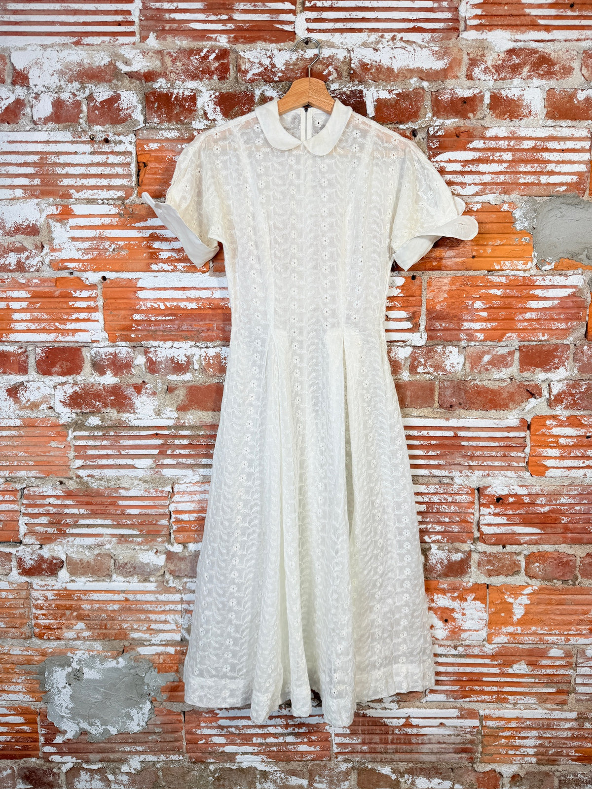 Antique 1930's White Eyelet Pattern Organza Collared Dress
