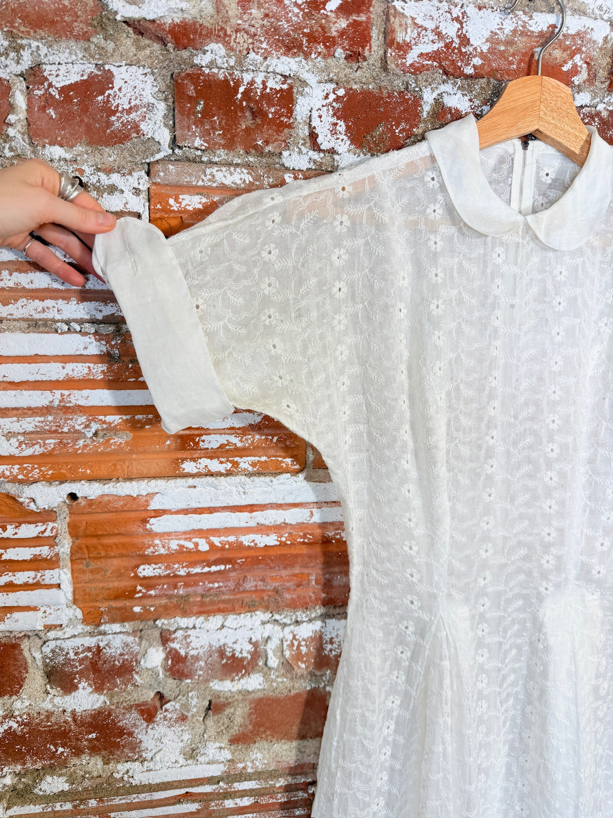Antique 1930's White Eyelet Pattern Organza Collared Dress