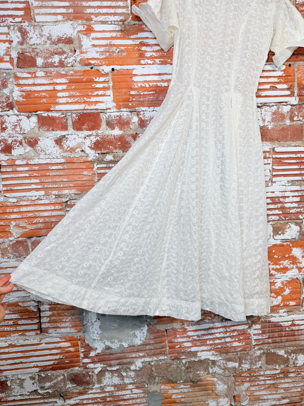 Antique 1930's White Eyelet Pattern Organza Collared Dress