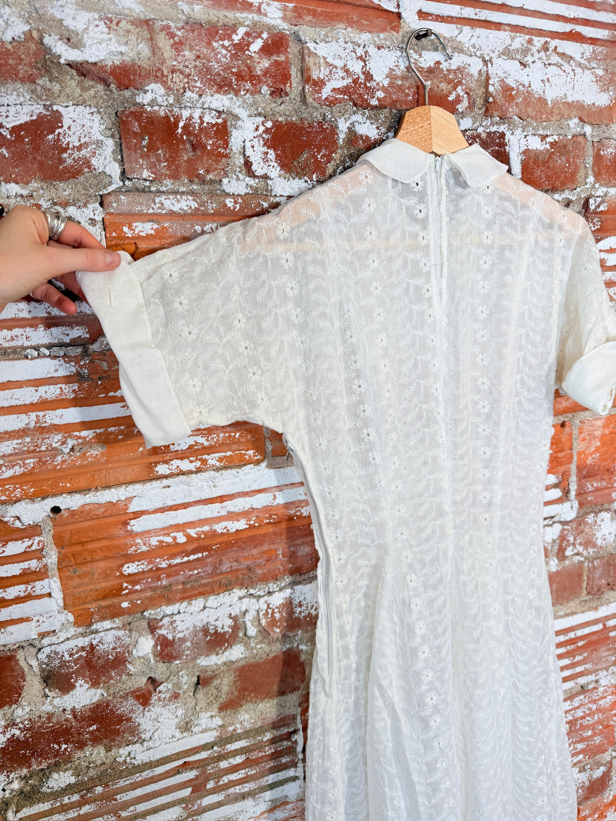 Antique 1930's White Eyelet Pattern Organza Collared Dress