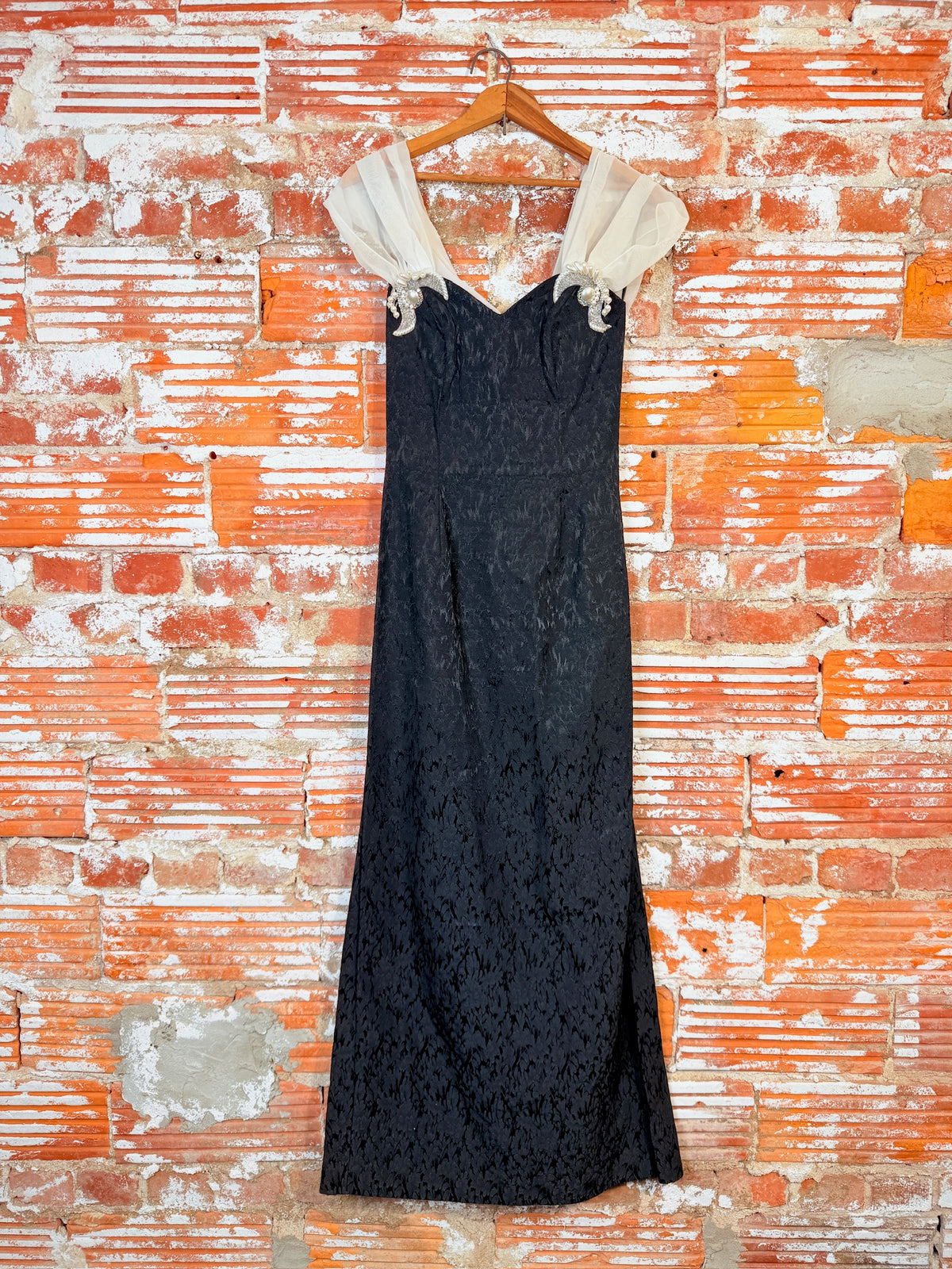 Vintage 1980's Loralie Black Brocade Pattern Draped Back Formal Dress