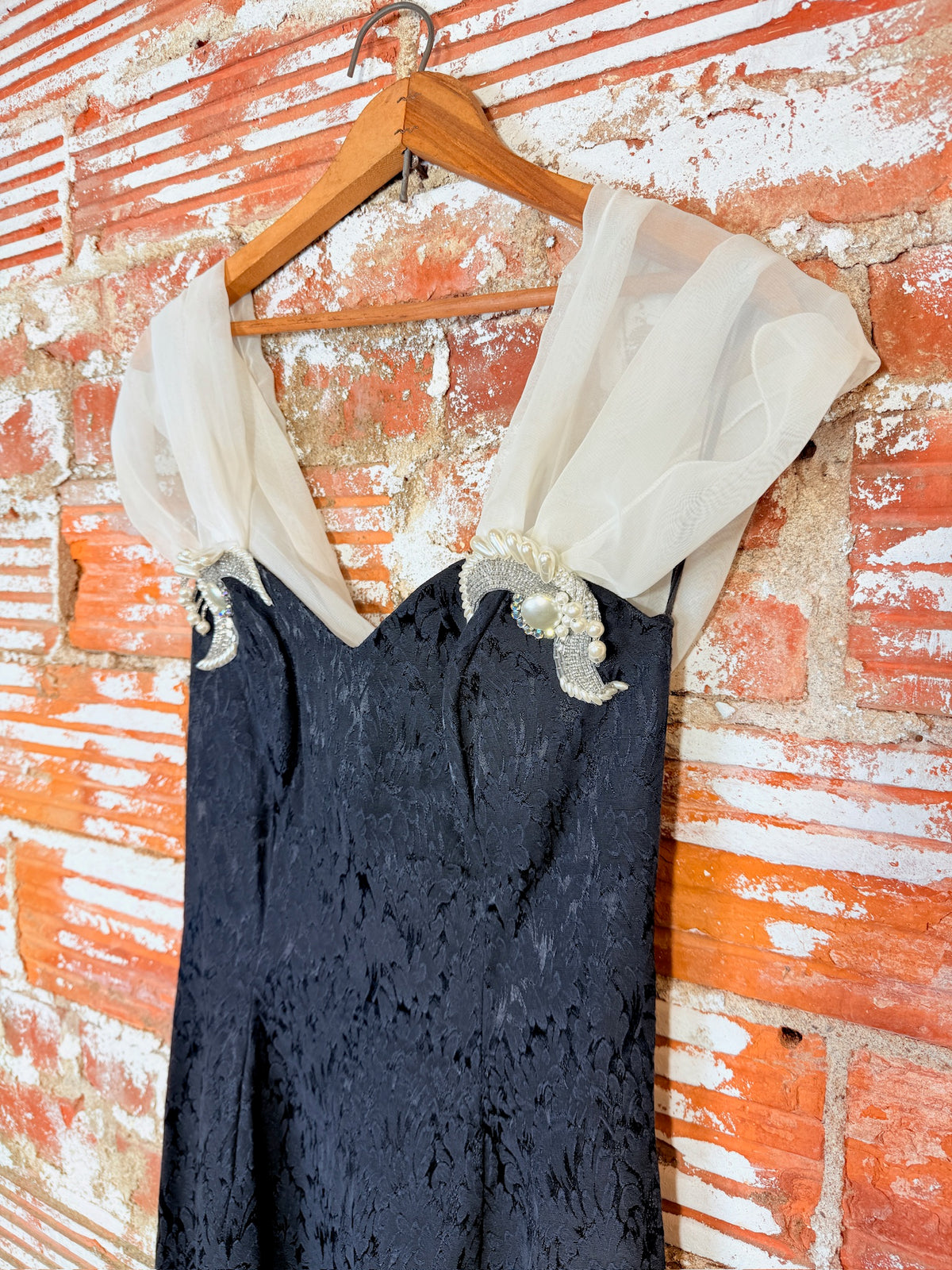 Vintage 1980's Loralie Black Brocade Pattern Draped Back Formal Dress