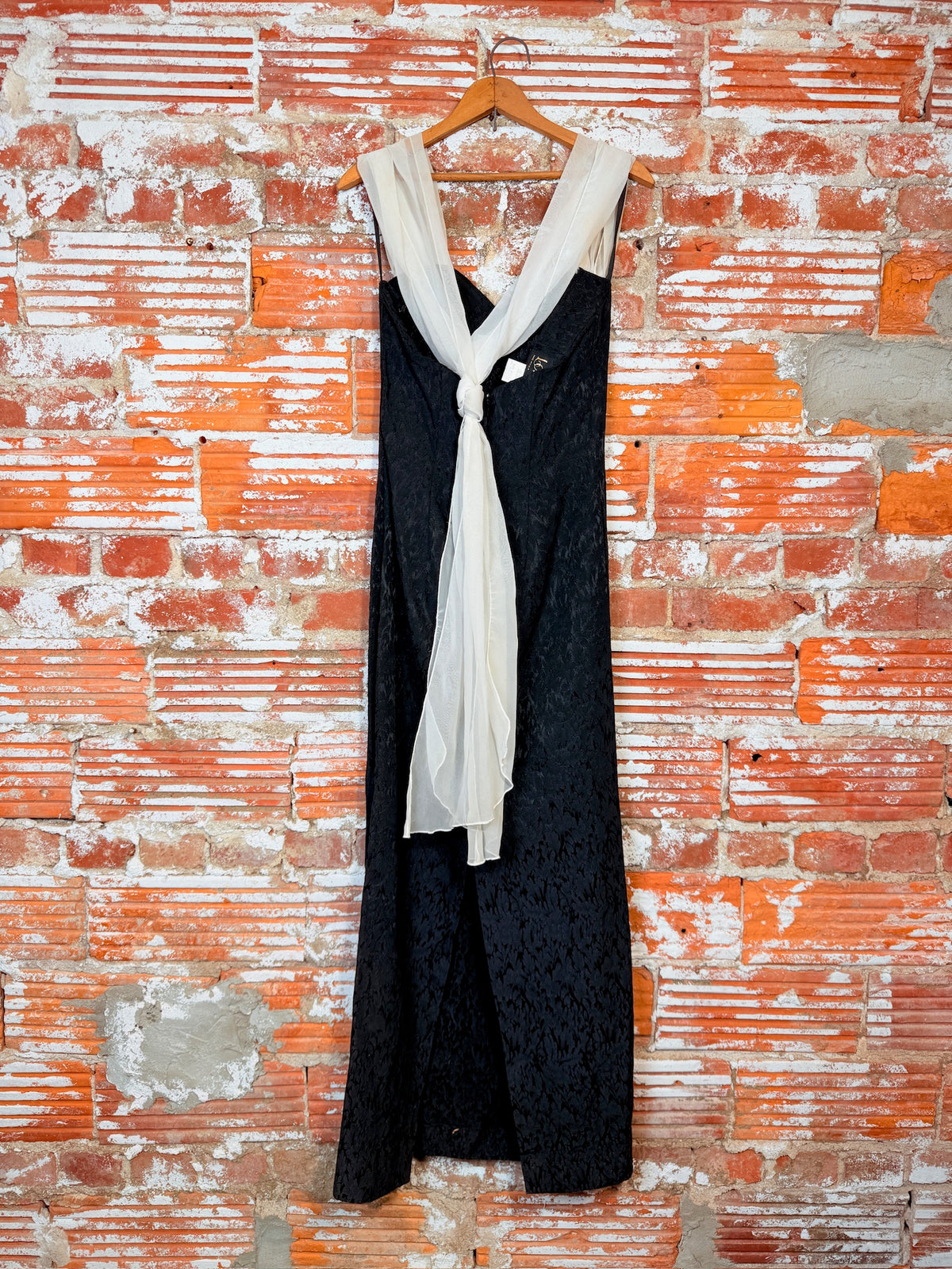Vintage 1980's Loralie Black Brocade Pattern Draped Back Formal Dress