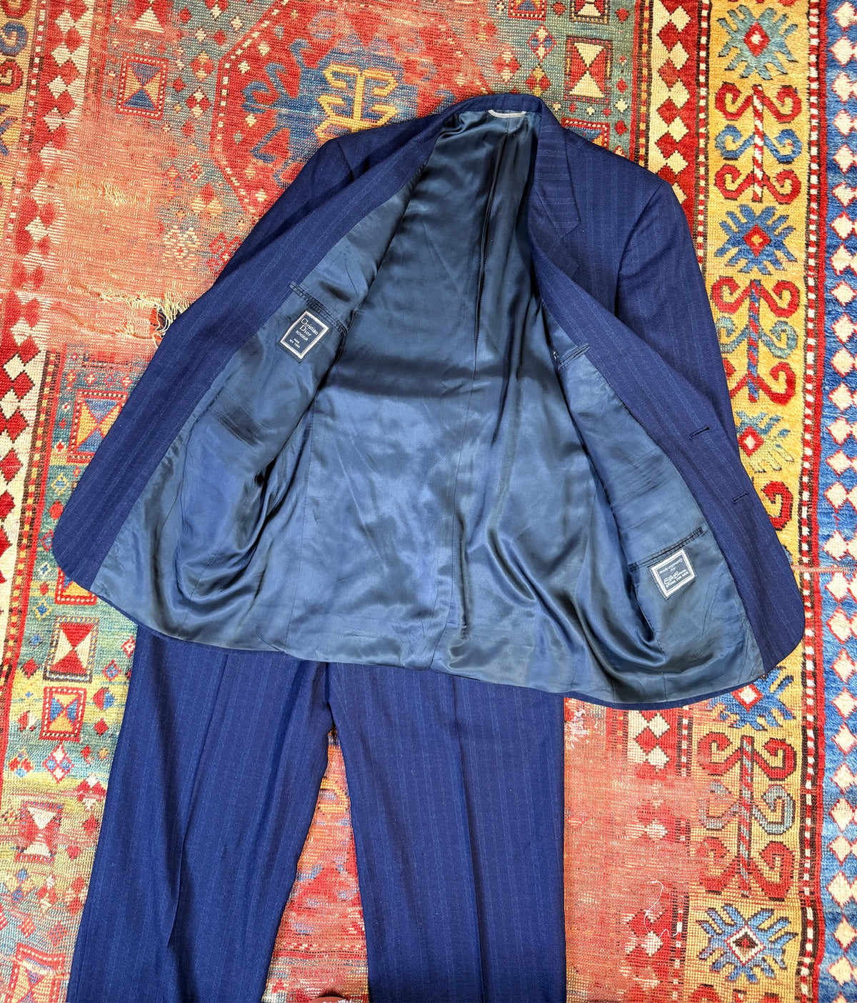 Vintage Christian Dior Wool Navy Blue Striped Two-Piece Suit