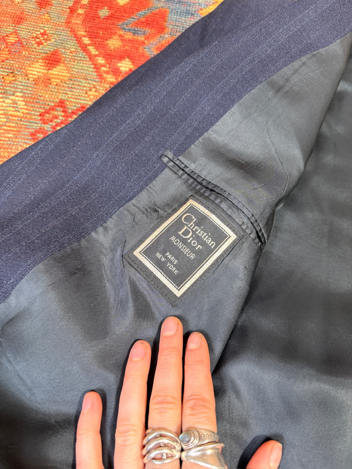 Vintage Christian Dior Wool Navy Blue Striped Two-Piece Suit
