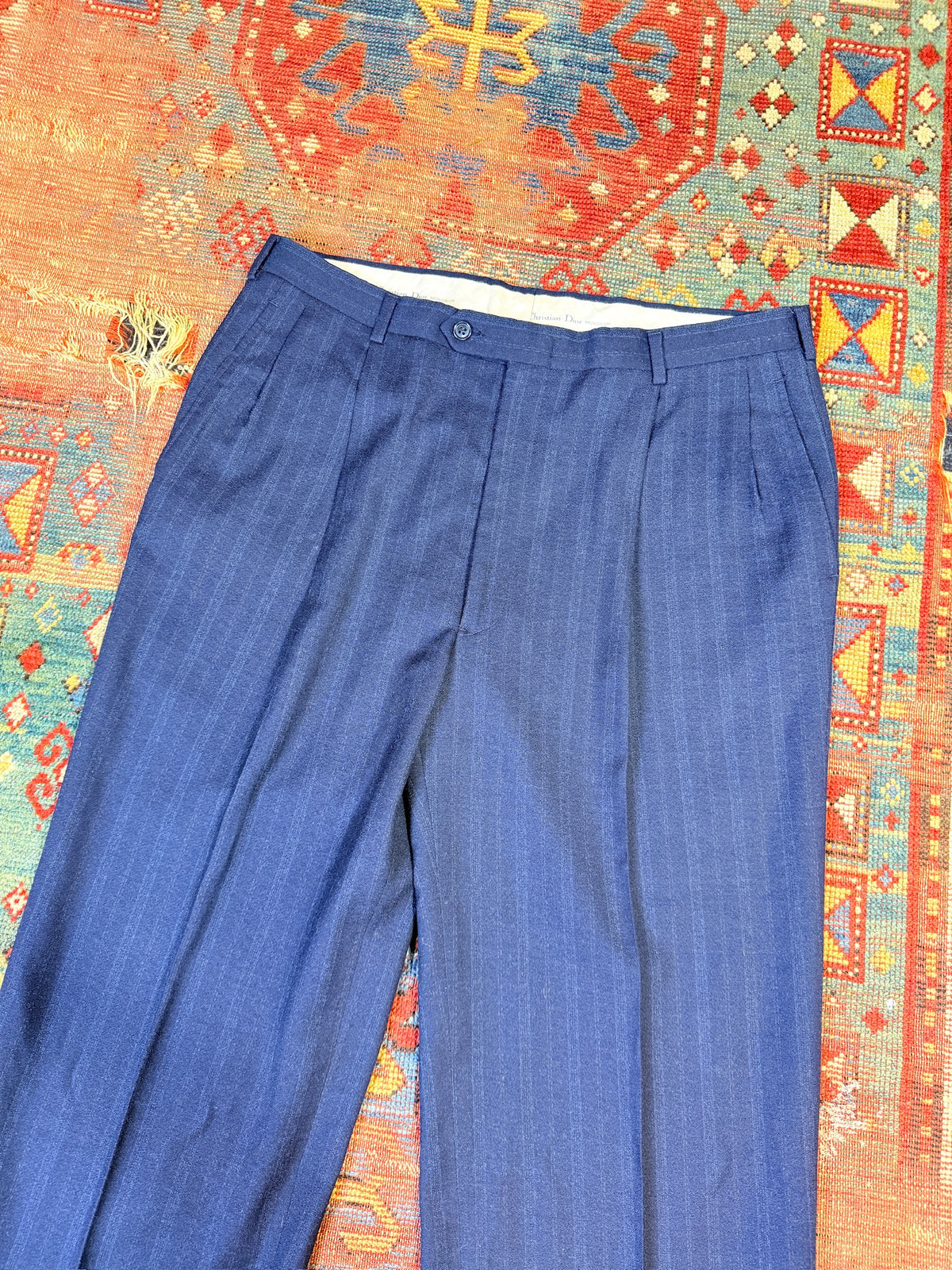 Vintage Christian Dior Wool Navy Blue Striped Two-Piece Suit