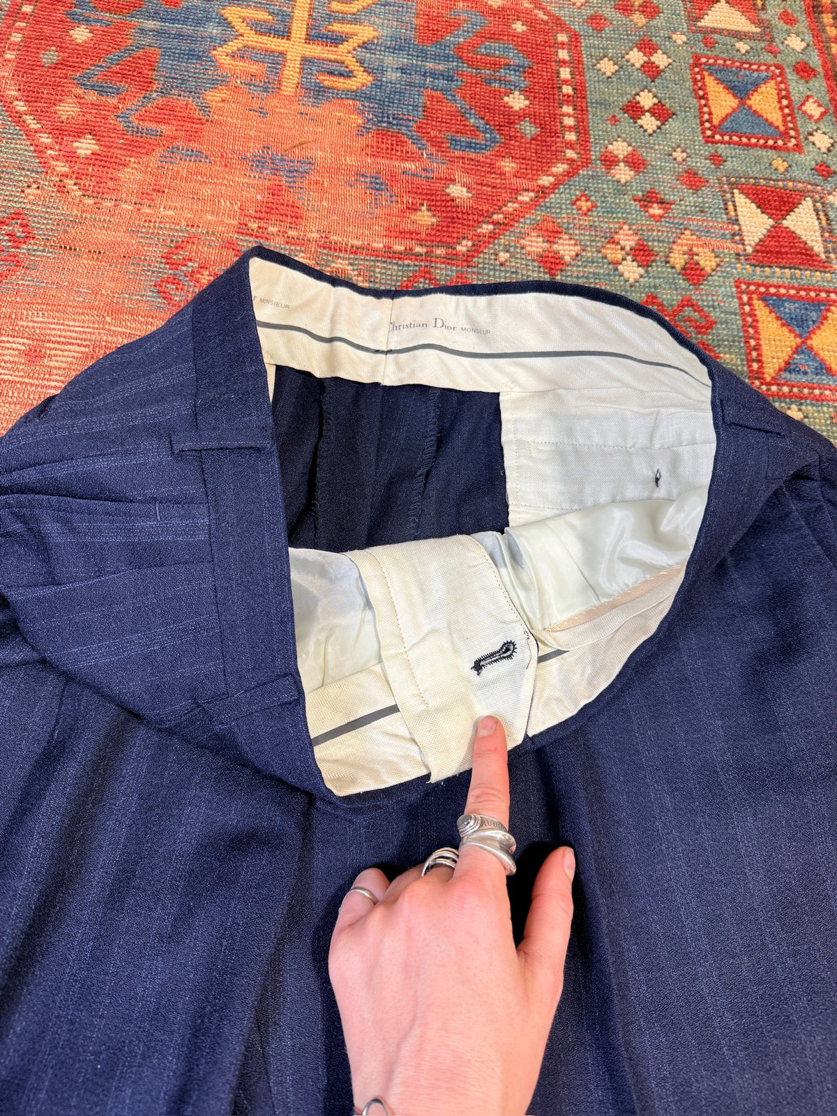 Vintage Christian Dior Wool Navy Blue Striped Two-Piece Suit
