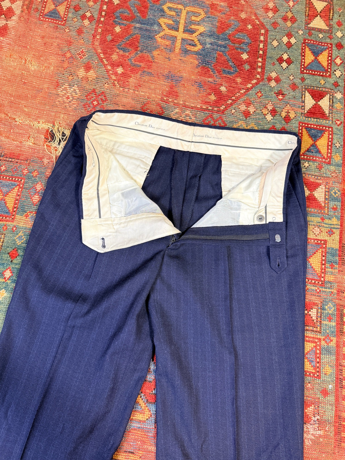 Vintage Christian Dior Wool Navy Blue Striped Two-Piece Suit