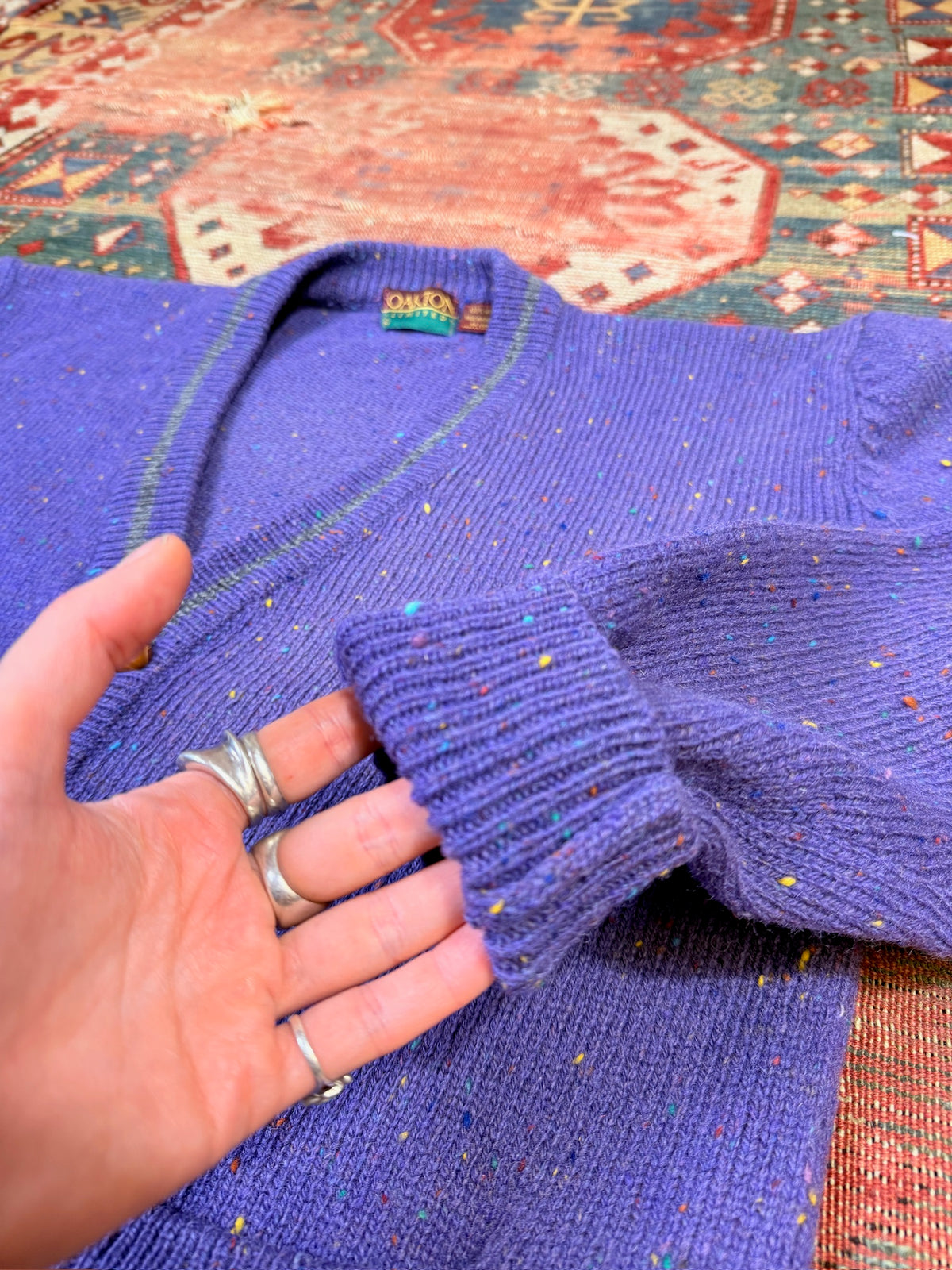 Vintage 1980s/90’s Oakton Limited Purple Donegal Style Wool Cardigan | XL