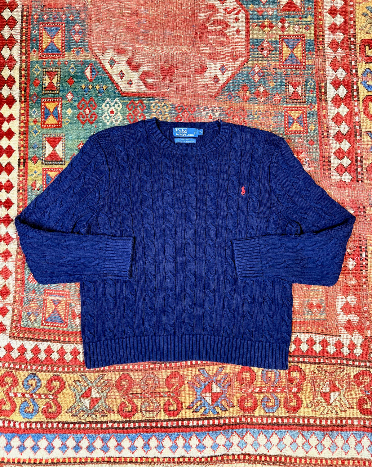 Vintage 1990’s Polo Ralph Lauren Navy Blue 100% Cotton Sweater | XL