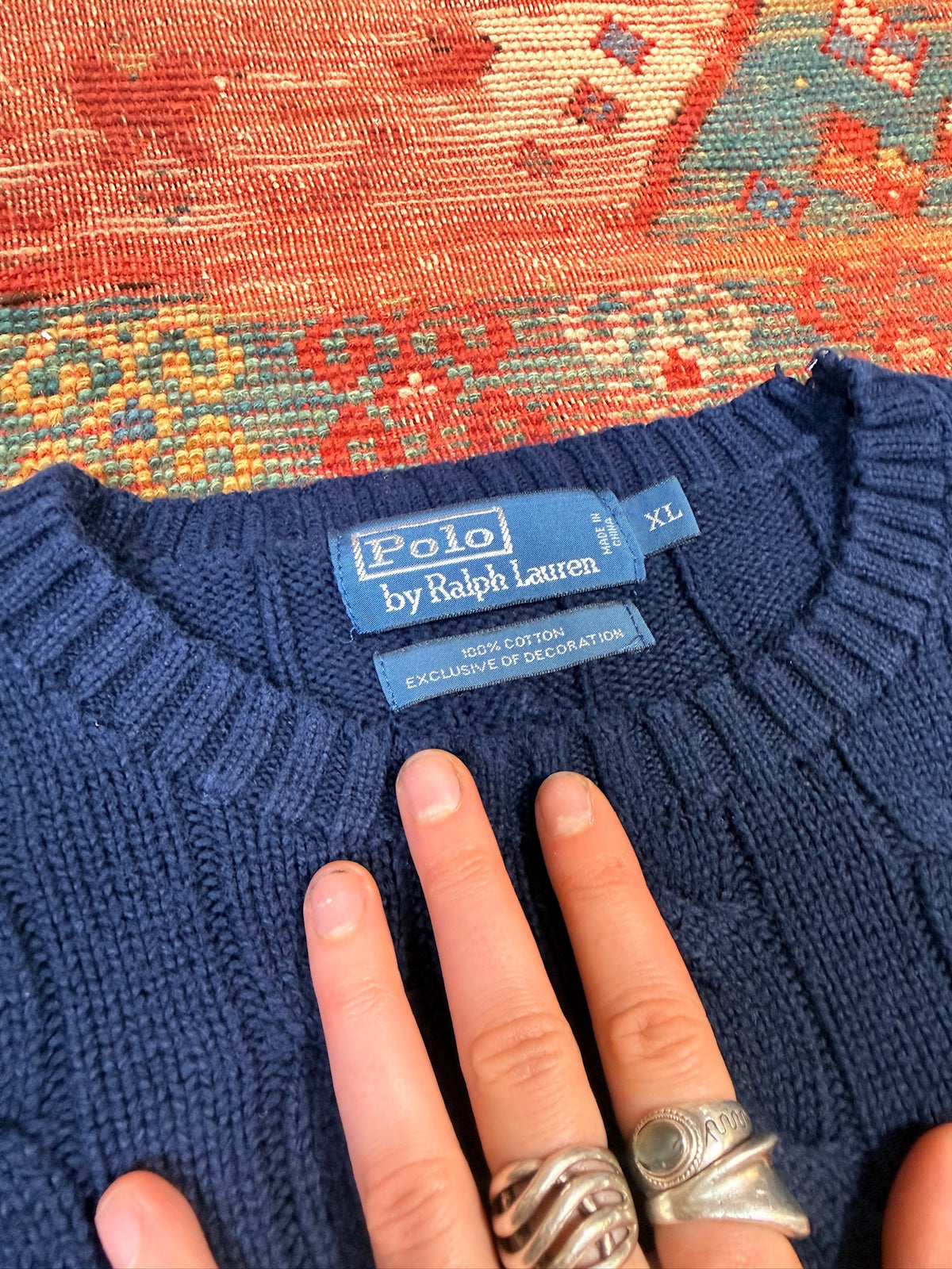 Vintage 1990’s Polo Ralph Lauren Navy Blue 100% Cotton Sweater | XL
