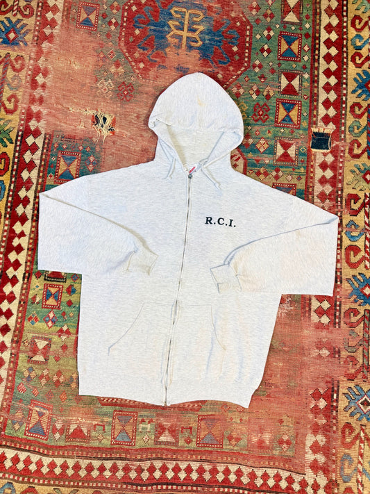 Vintage 1980s Jerzees Grey R.C.I. Reliable Carries Zip-up Hoodie | XL