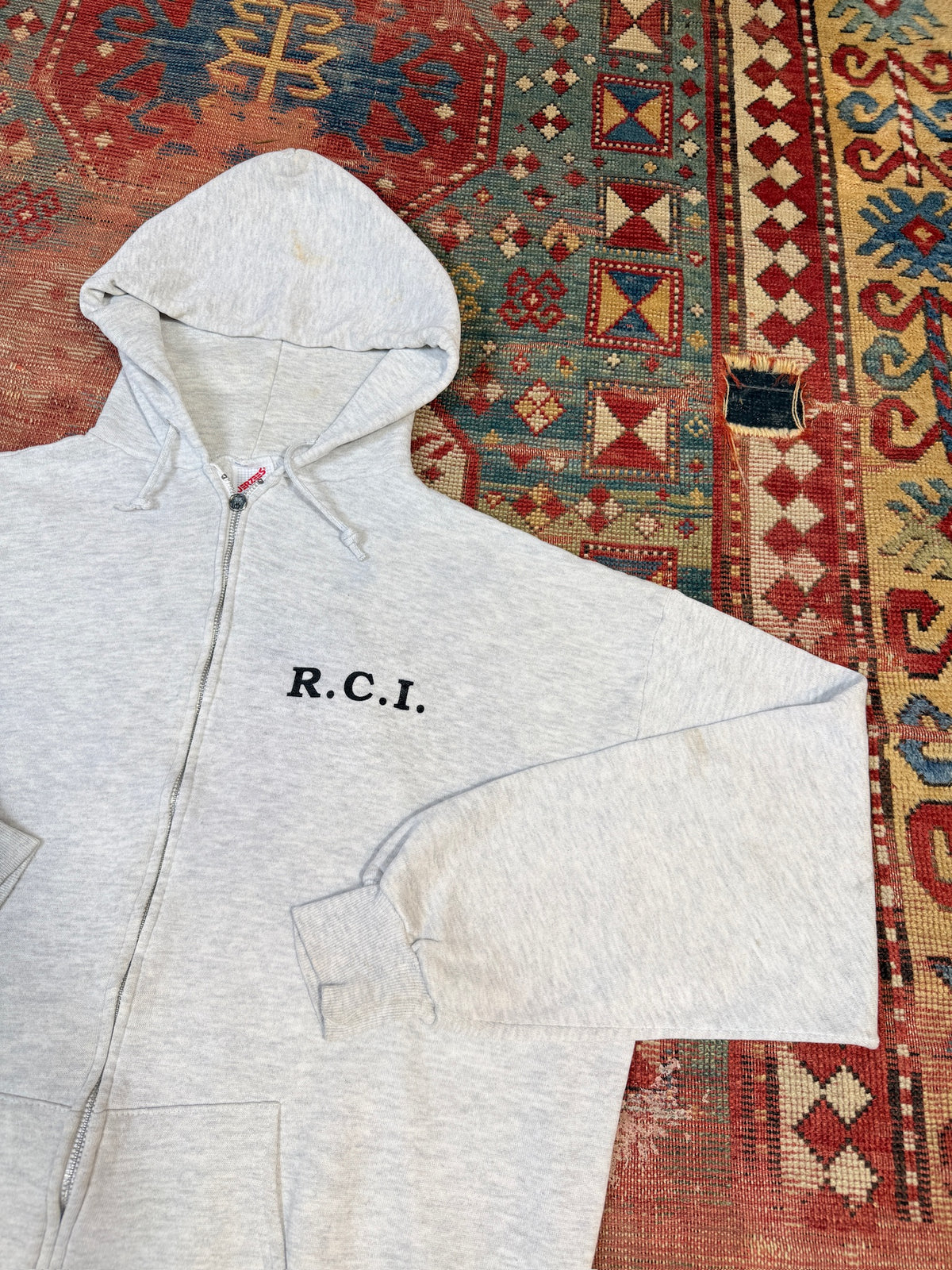 Vintage 1980s Jerzees Grey R.C.I. Reliable Carries Zip-up Hoodie | XL