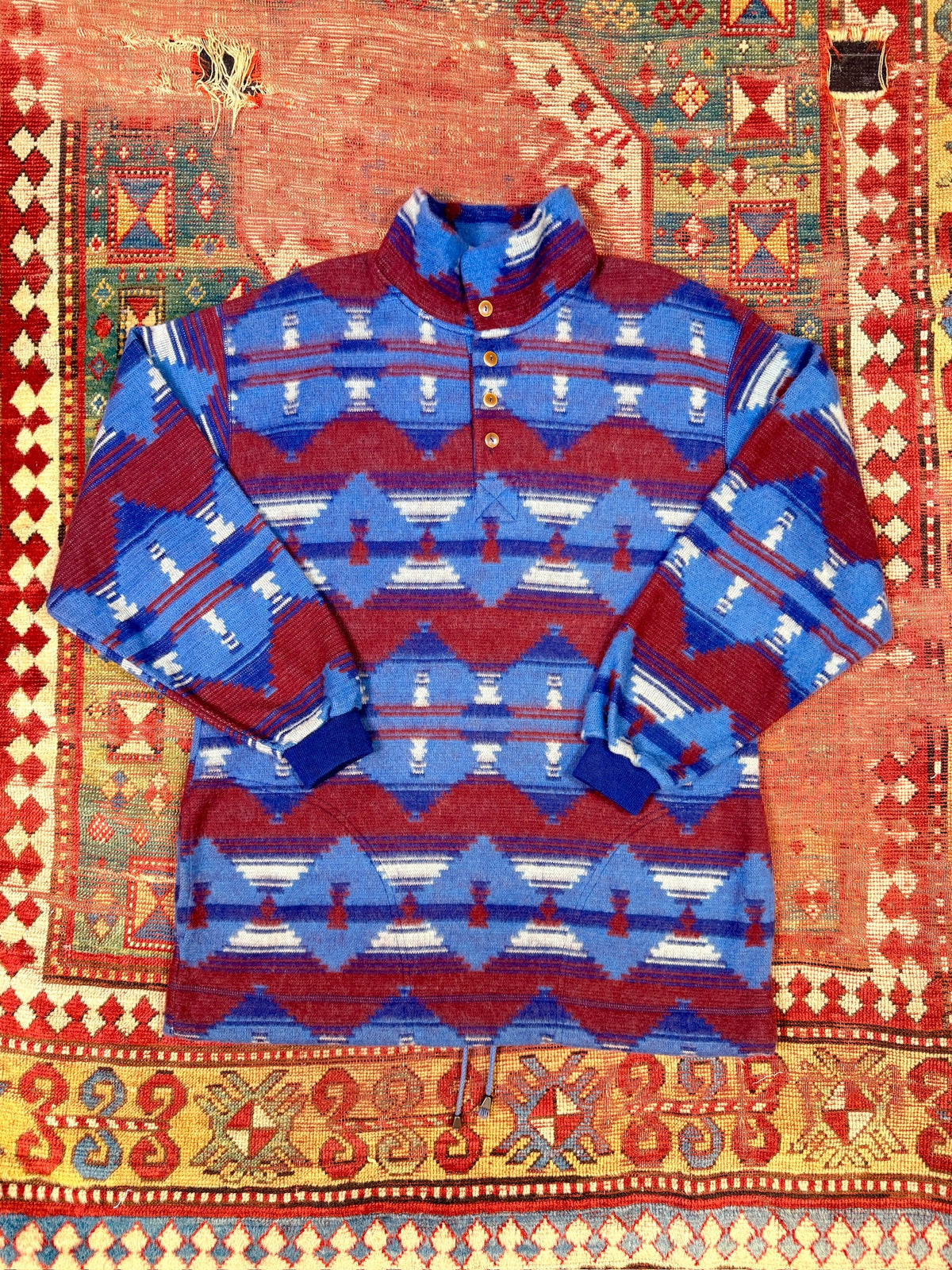 Vintage 1990s DENIM EXPRESS Blue and Red Southwestern Quarter-Button Pullover | M