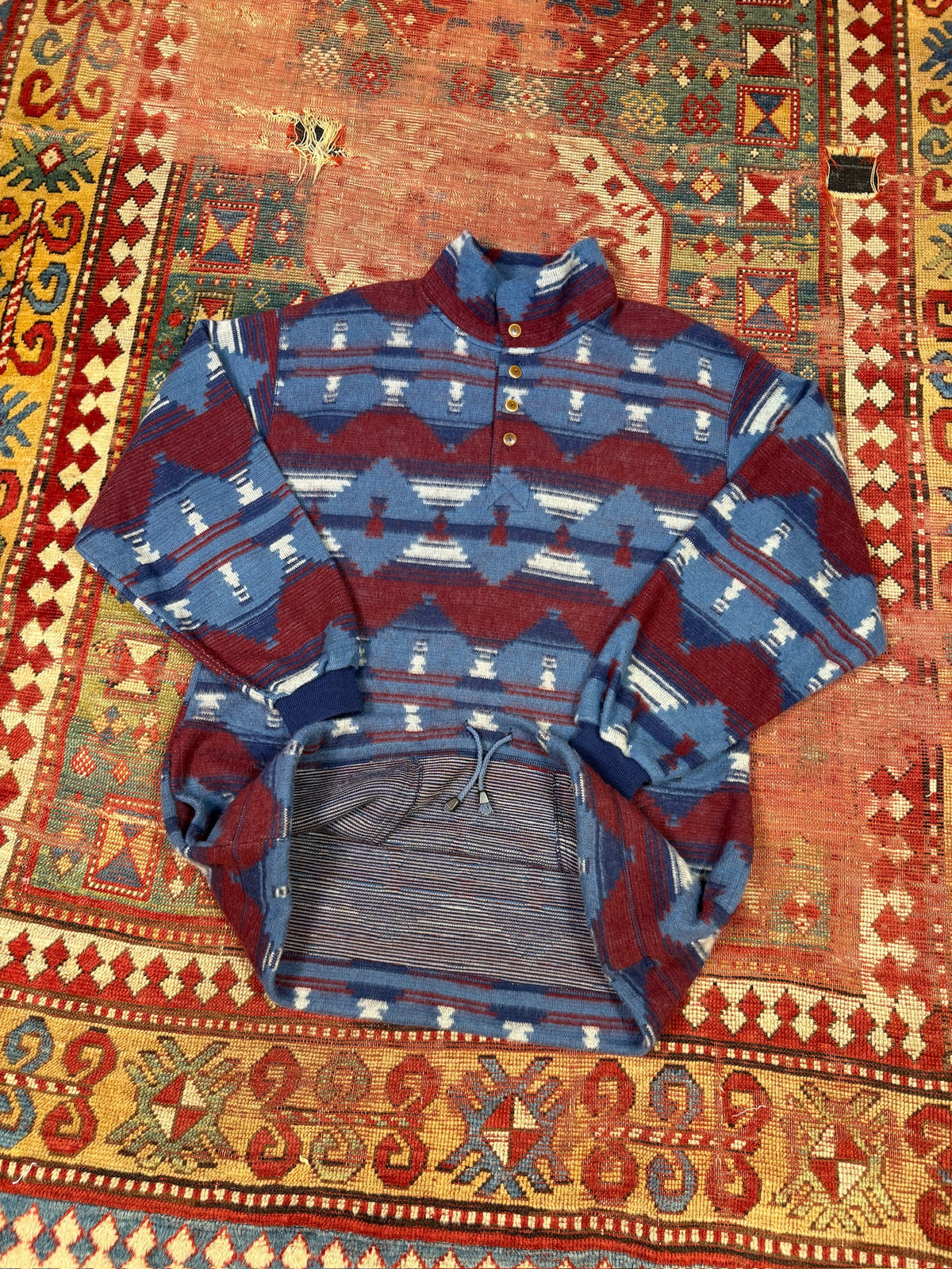 Vintage 1990s DENIM EXPRESS Blue and Red Southwestern Quarter-Button Pullover | M
