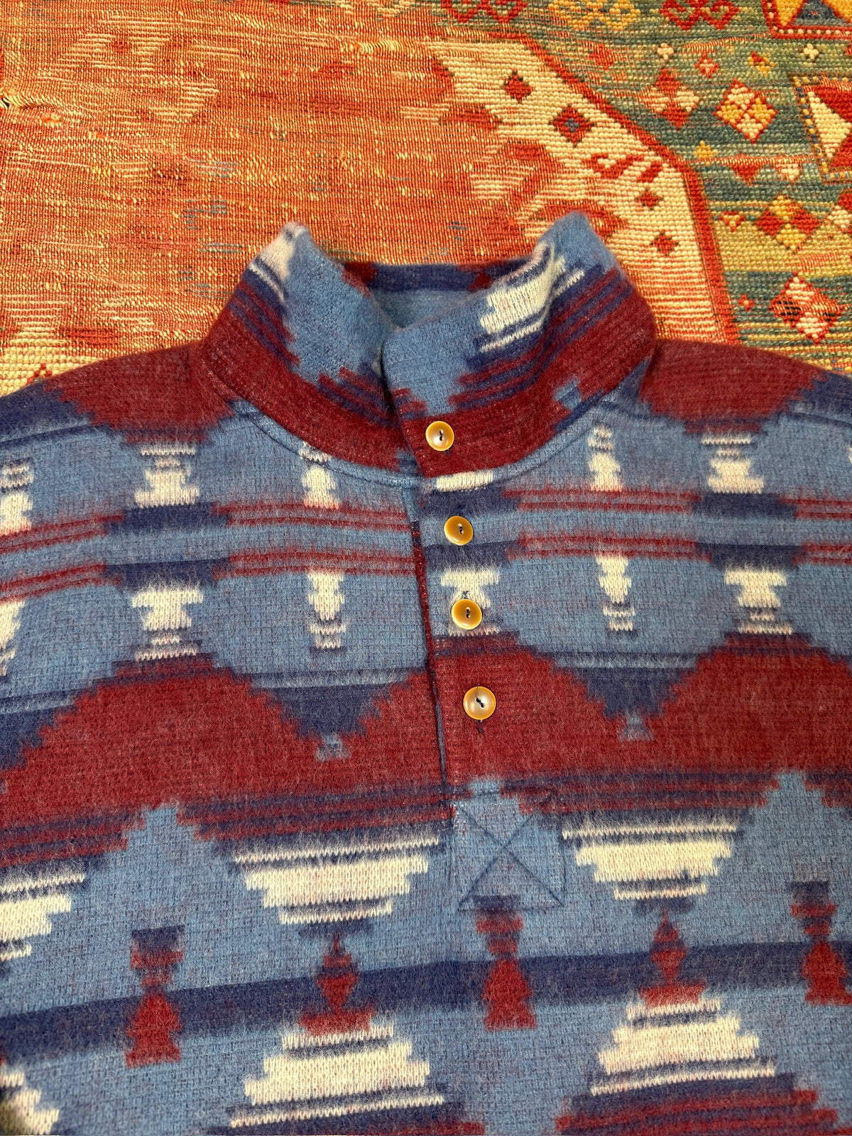 Vintage 1990s DENIM EXPRESS Blue and Red Southwestern Quarter-Button Pullover | M