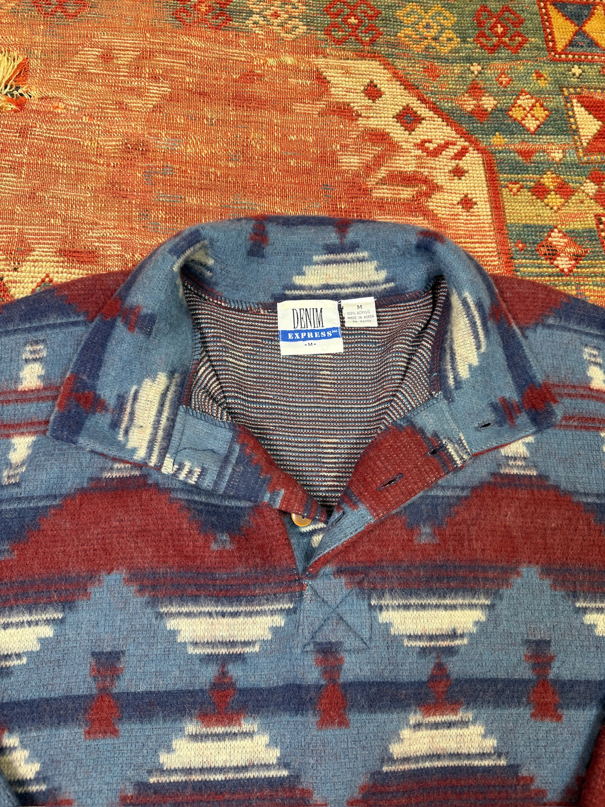 Vintage 1990s DENIM EXPRESS Blue and Red Southwestern Quarter-Button Pullover | M