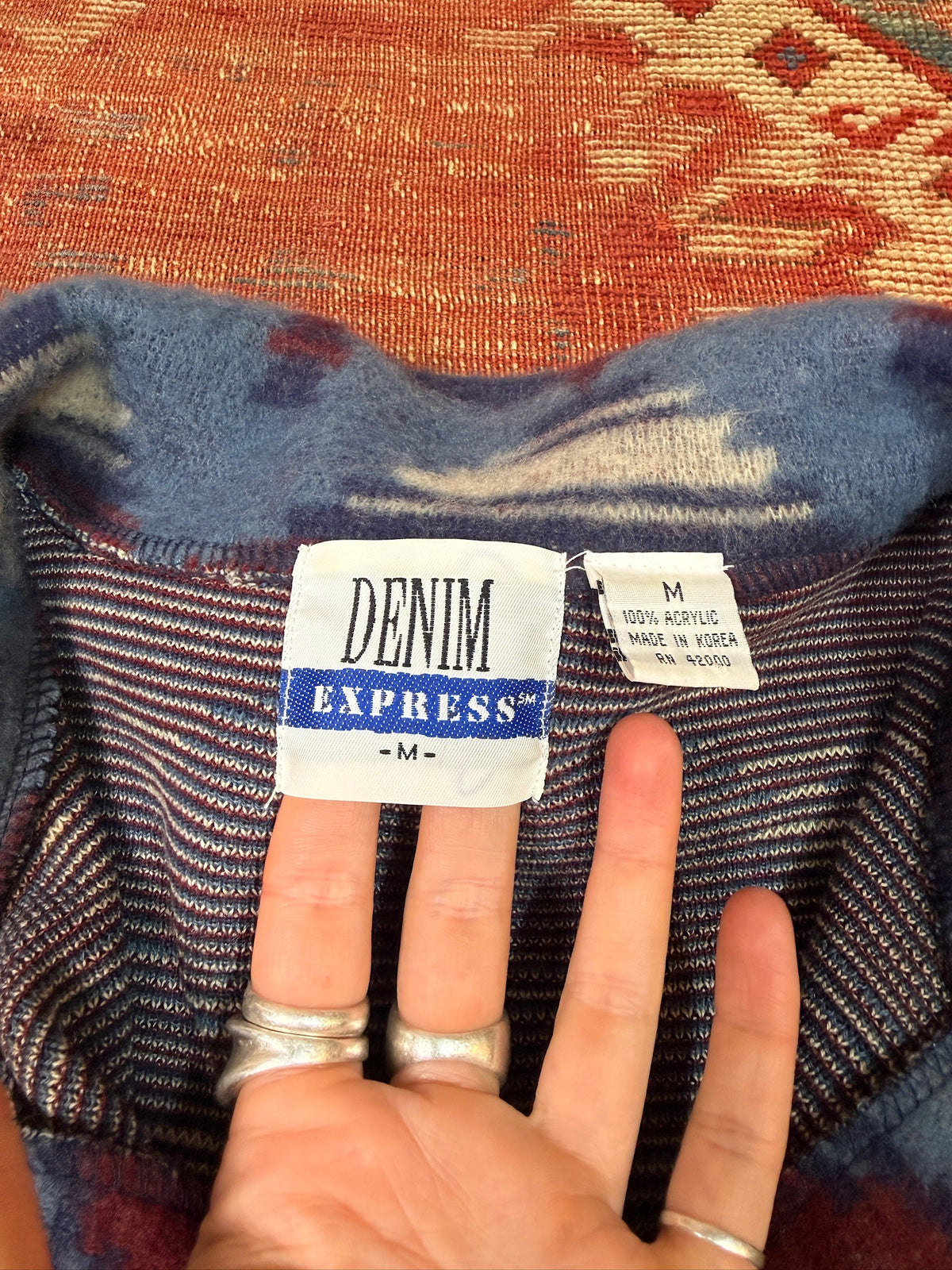 Vintage 1990s DENIM EXPRESS Blue and Red Southwestern Quarter-Button Pullover | M