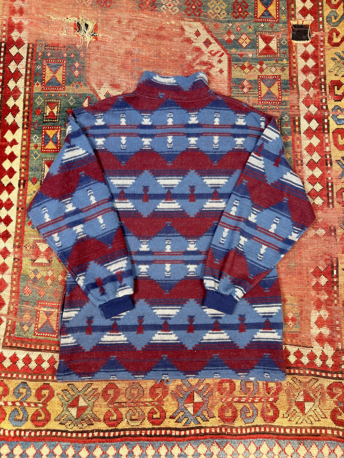 Vintage 1990s DENIM EXPRESS Blue and Red Southwestern Quarter-Button Pullover | M