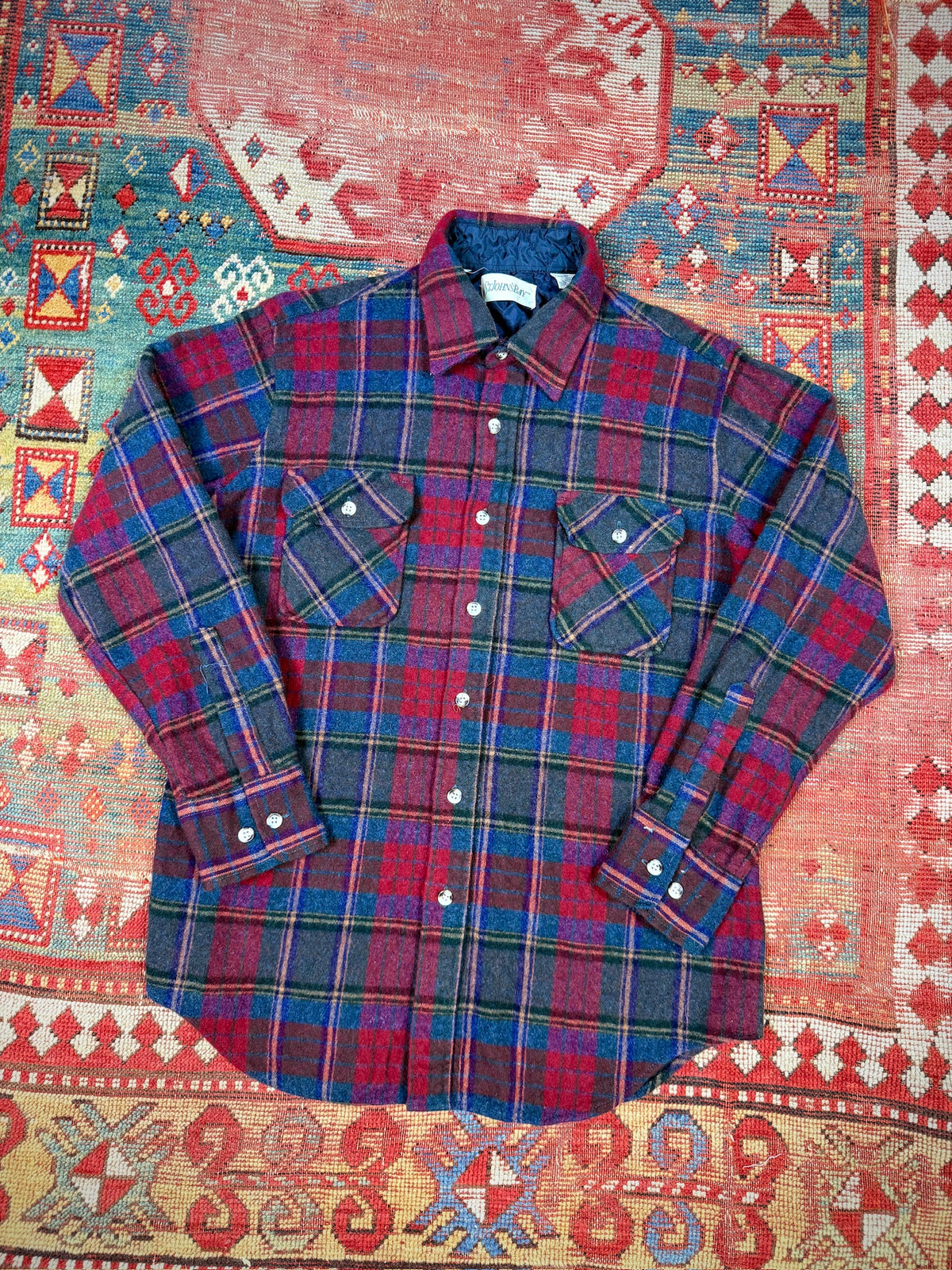 Vintage 1990s St John's Bay Wool Red Green Plaid Flannel Button Down| L
