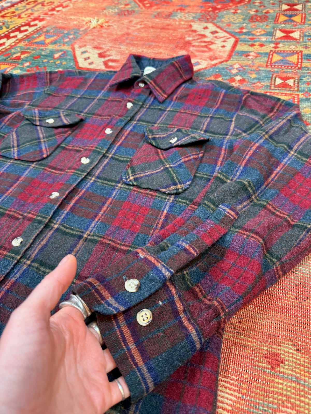 Vintage 1990s St John's Bay Wool Red Green Plaid Flannel Button Down| L