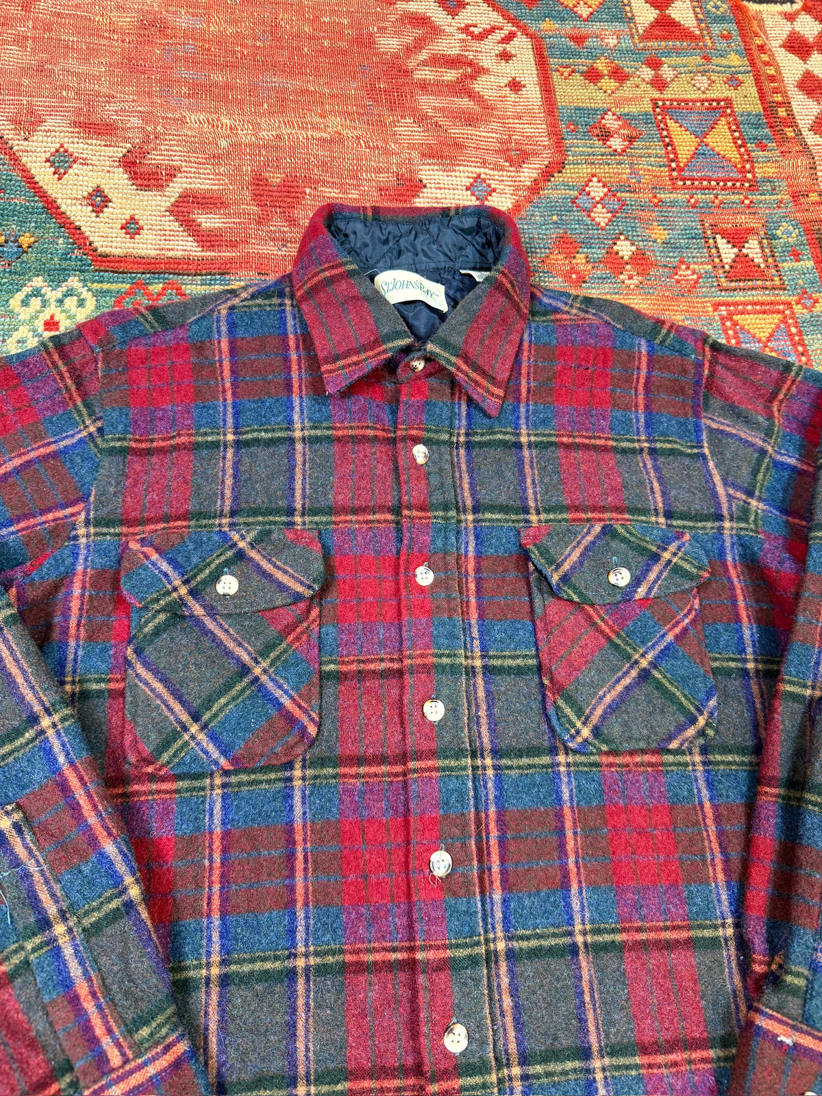 Vintage 1990s St John's Bay Wool Red Green Plaid Flannel Button Down| L