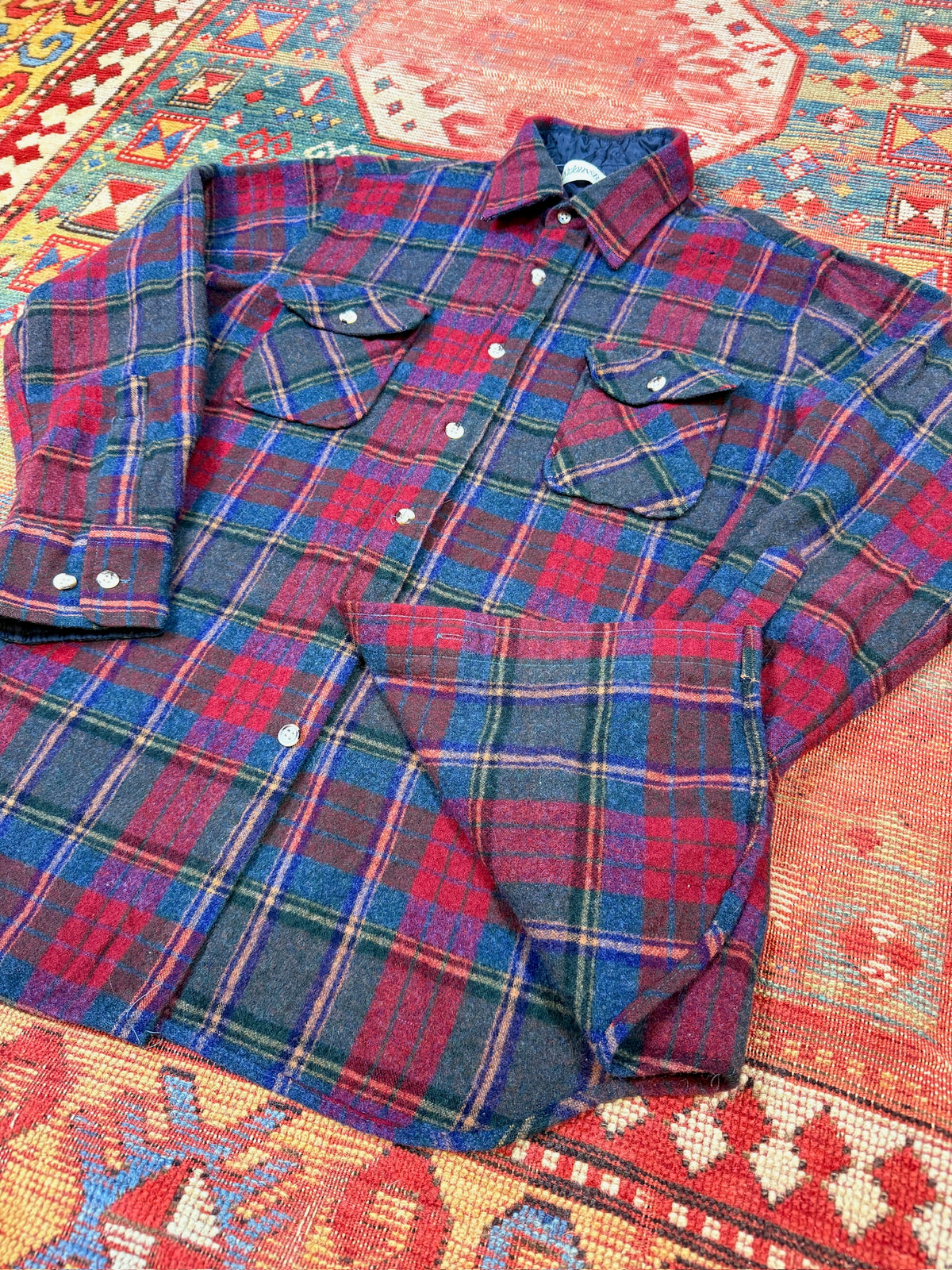 Vintage 1990s St John's Bay Wool Red Green Plaid Flannel Button Down| L